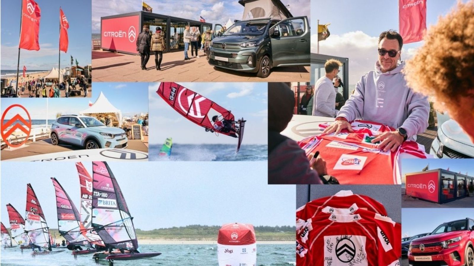 Citroën-Event: Autos, Windsurfen und Signierstunde am Strand. Dynamische Markenpräsenz bei sonnigem Wetter.