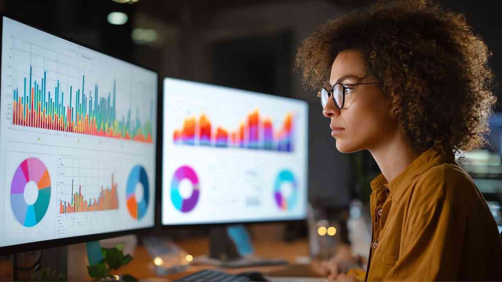 Frau mit lockigem Haar und Brille, die konzentriert an einem Computer mit mehreren Bildschirmen arbeitet, die Datenvisualisierungen anzeigen.