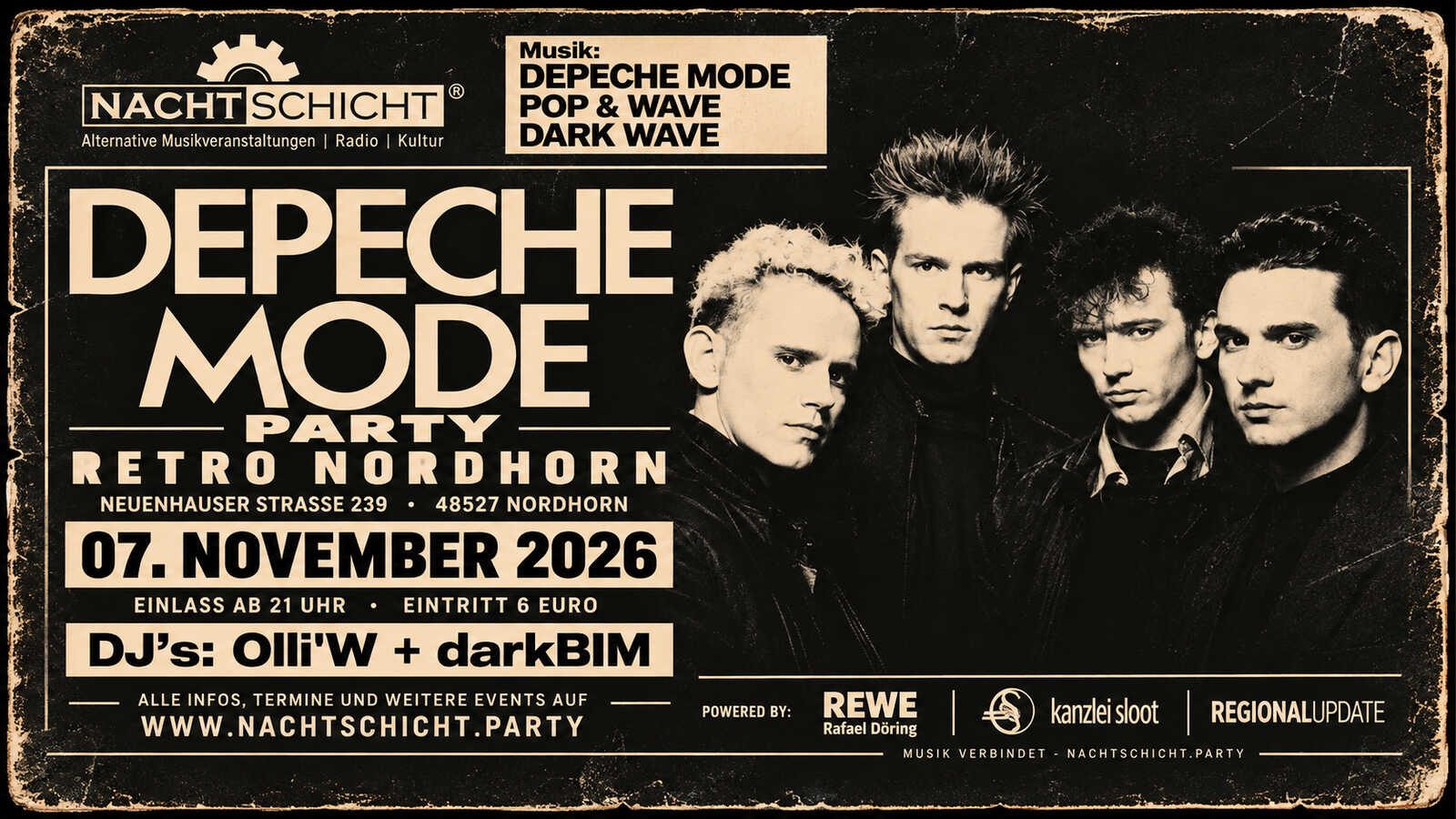 Plakat zur Depeche-Mode-Party der Nachtschicht-Reihe im Retro Nordhorn