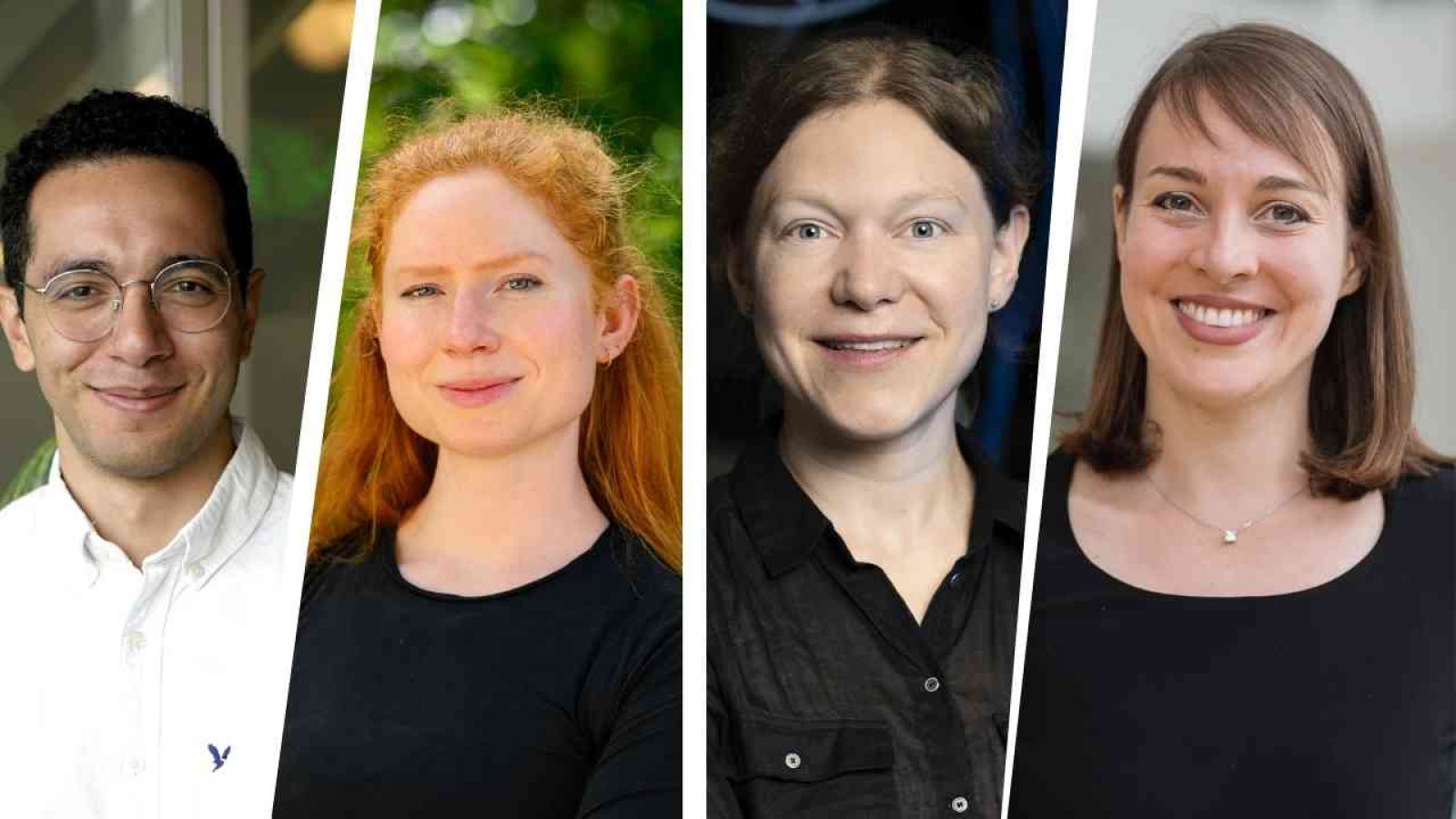 Vier Menschen lächeln in die Kamera, Gruppenfoto, diverse Hintergründe, freundliche Ausstrahlung.