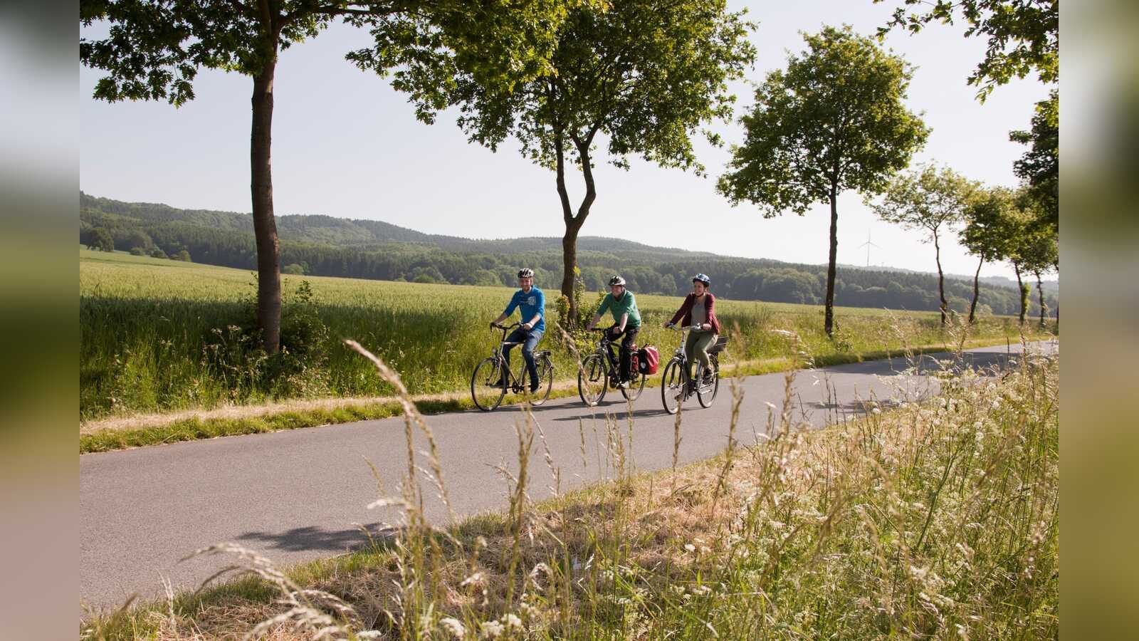 Radfahrer auf einer geführten Tour durch die Landschaft im Natur- und Geopark TERRA.vita