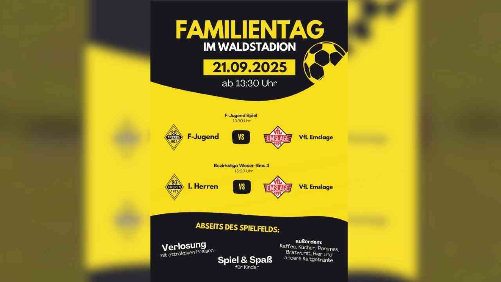 Familientag im Waldstadion am 21.09.2025 mit Fußballspielen der F-Jugend und I. Herren und diversen Aktivitäten.