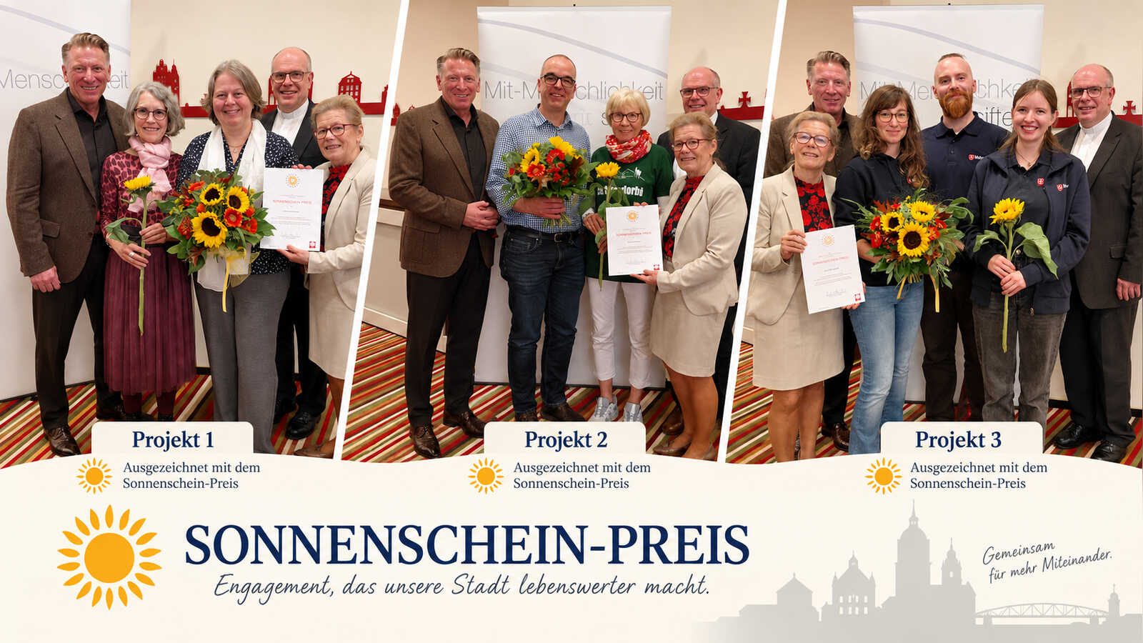 Preisträgerinnen und Preisträger des Sonnenschein-Preises 2026 mit Ehrenamtlichen und Vertretern der Caritas-Gemeinschaftsstiftung Osnabrück bei der Preisverleihung in Meppen