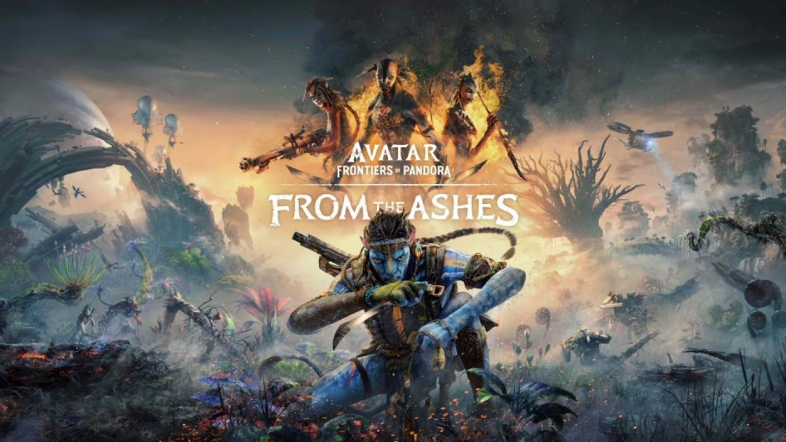 „Avatar: Frontiers of Pandora - From the Ashes“ Spieleposter mit blauer Figur in fantastischer Landschaft.