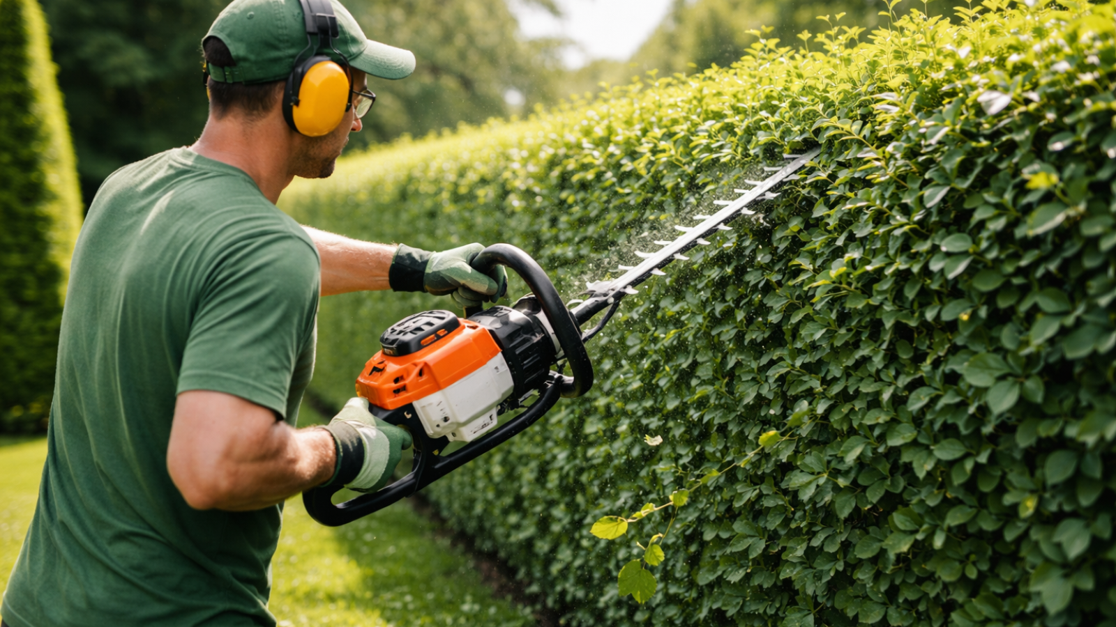 Gärtner schneidet grünen Heckenrand