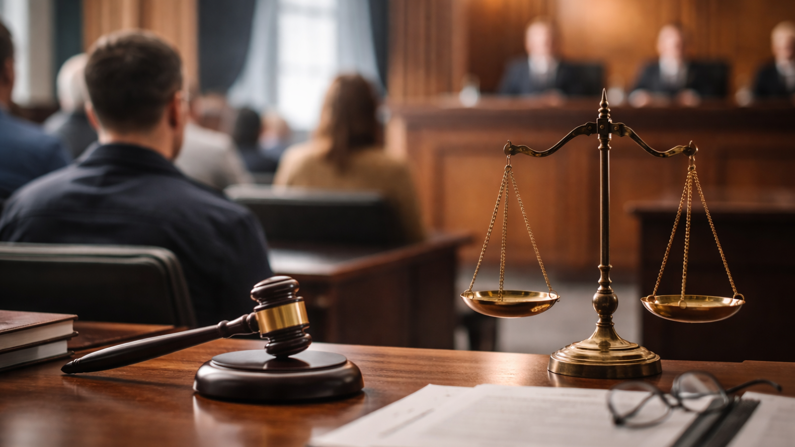 Gerichtsszene mit Waage und Hammer