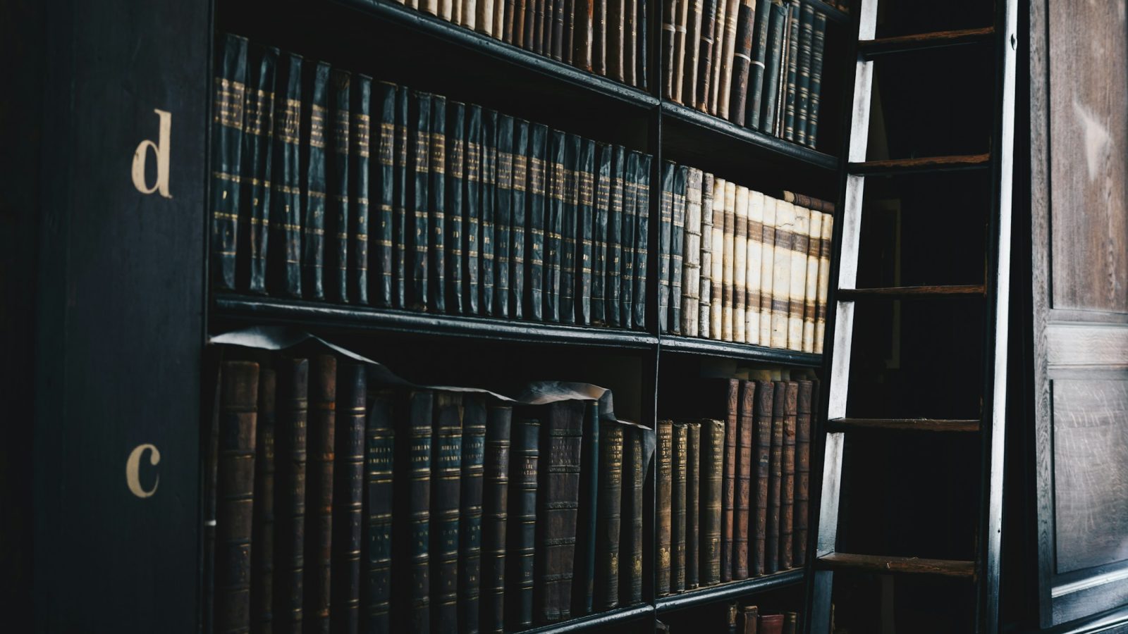 Reihen alter Gesetzbücher in einem dunklen Holzregal