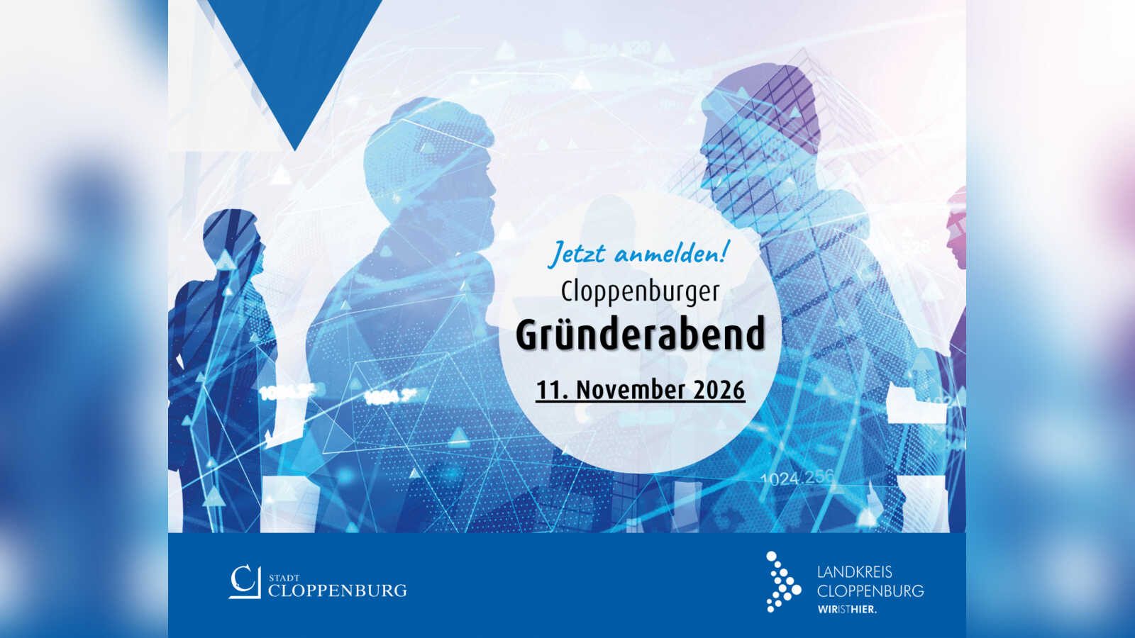 Einladungsgrafik zum Cloppenburger Gründerabend am 11. November 2026 mit den Logos von Stadt und Landkreis Cloppenburg