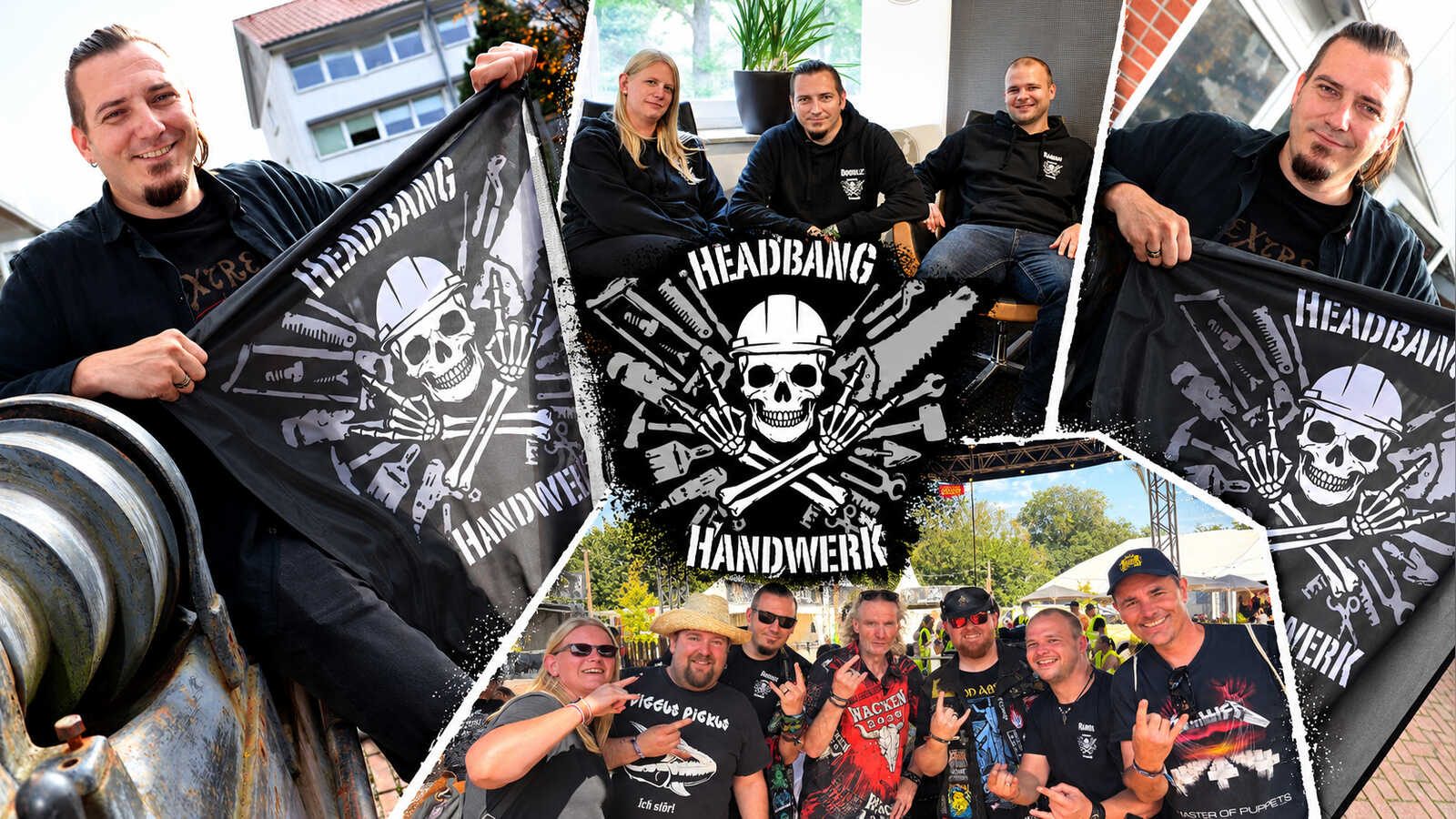 Collage mit Mitgliedern des Vereins Headbang Handwerk, darunter Vorstandsmitglied Daniel Bigl