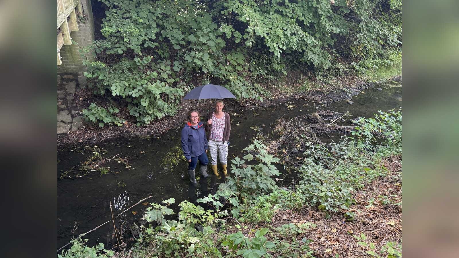 Zwei Personen mit Regenschirm stehen im Wasser eines Baches am Ufer