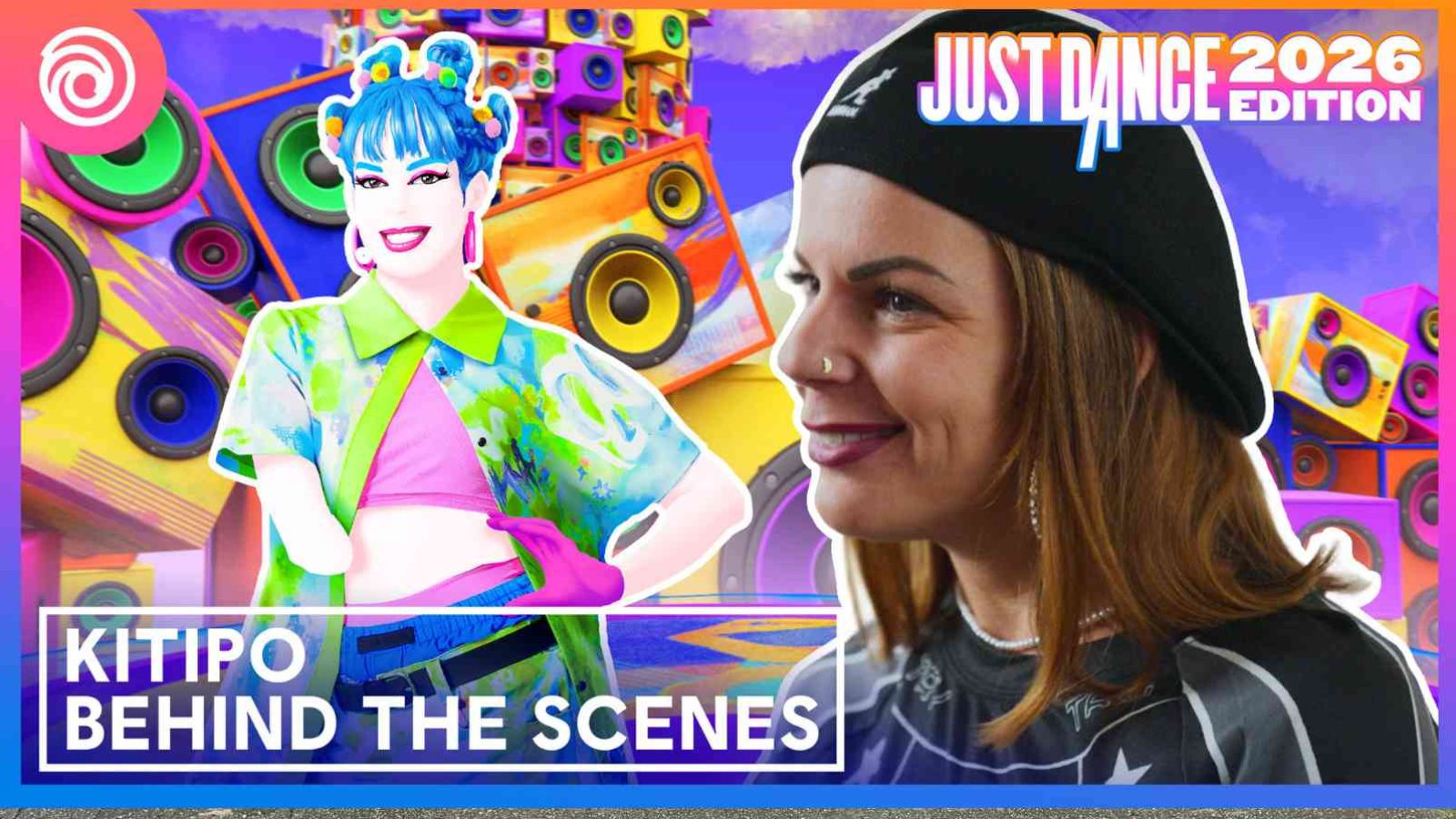 Grafik zur Just Dance 2026 Edition mit Charakter Kitipo und einer Person im Hintergrund, umgeben von Lautsprechern.