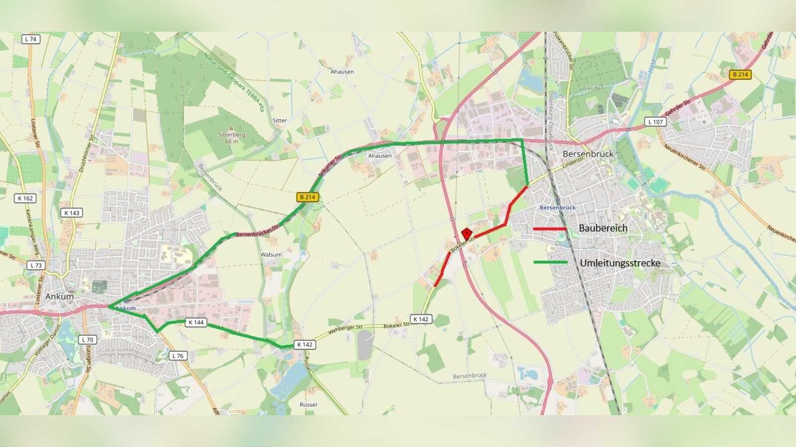 Karte des gesperrten Abschnitts der Bokeler Straße (K 142) in Bersenbrück