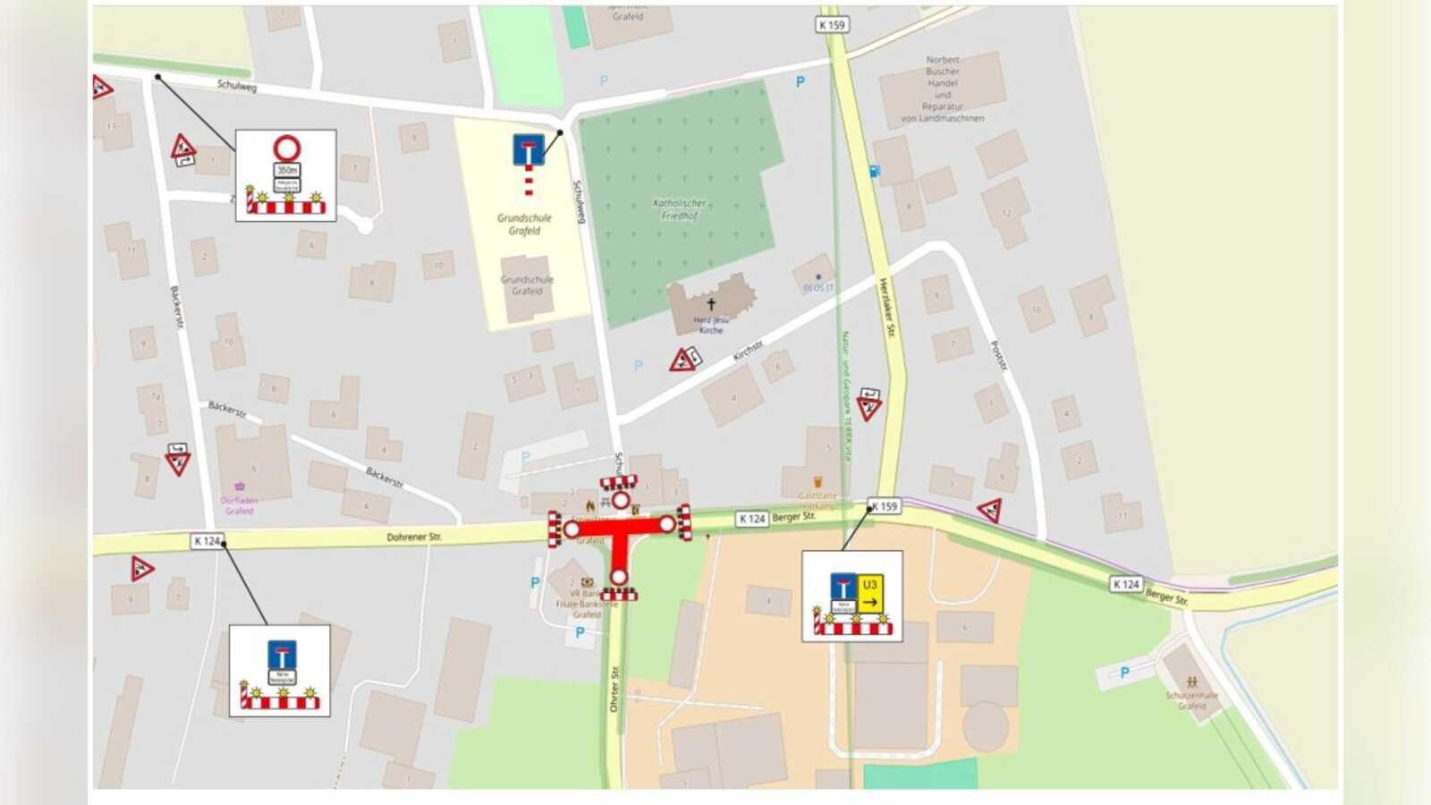 Karte der Baustelle an der Kreuzung Ohrter Straße und Dohrener Straße in Grafeld