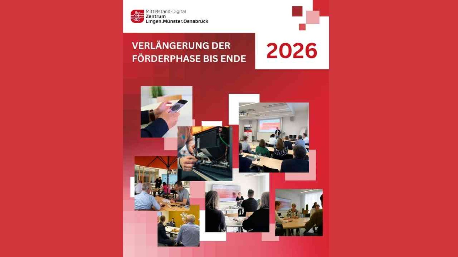 Ein Informationsblatt mit dem Titel 'Verlängerung der Förderphase bis Ende 2026' und verschiedenen Bildern von Veranstaltungen.