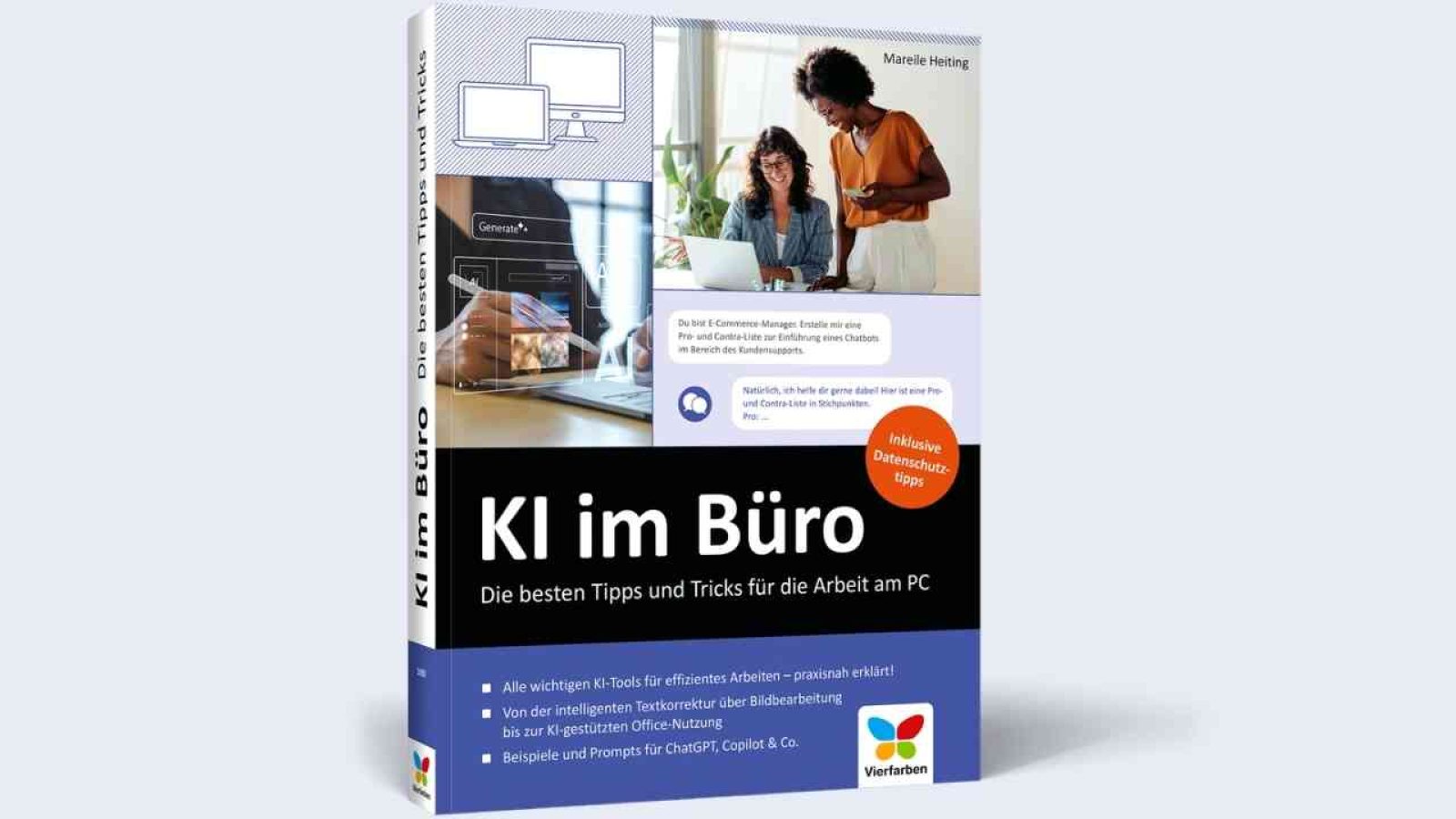 Buchcover mit dem Titel 'KI im Büro' von Mareile Heiting, das Tipps für die Arbeit am PC bietet.
