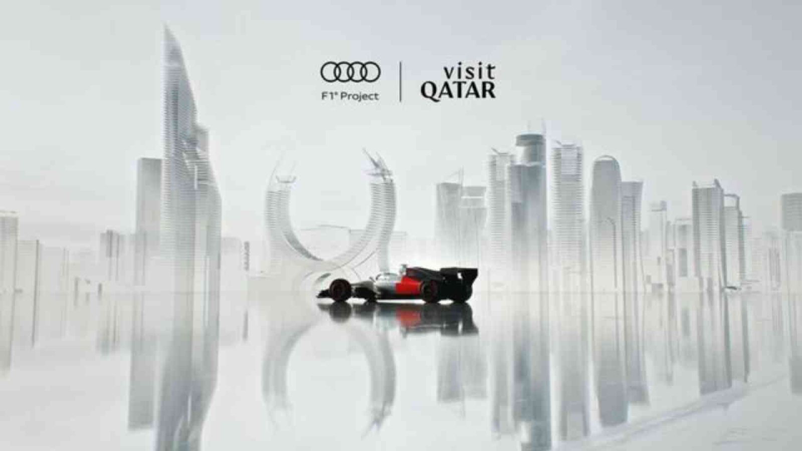 Audi Formel 1 Auto vor einer futuristischen Skyline mit dem Logo von Visit Qatar.