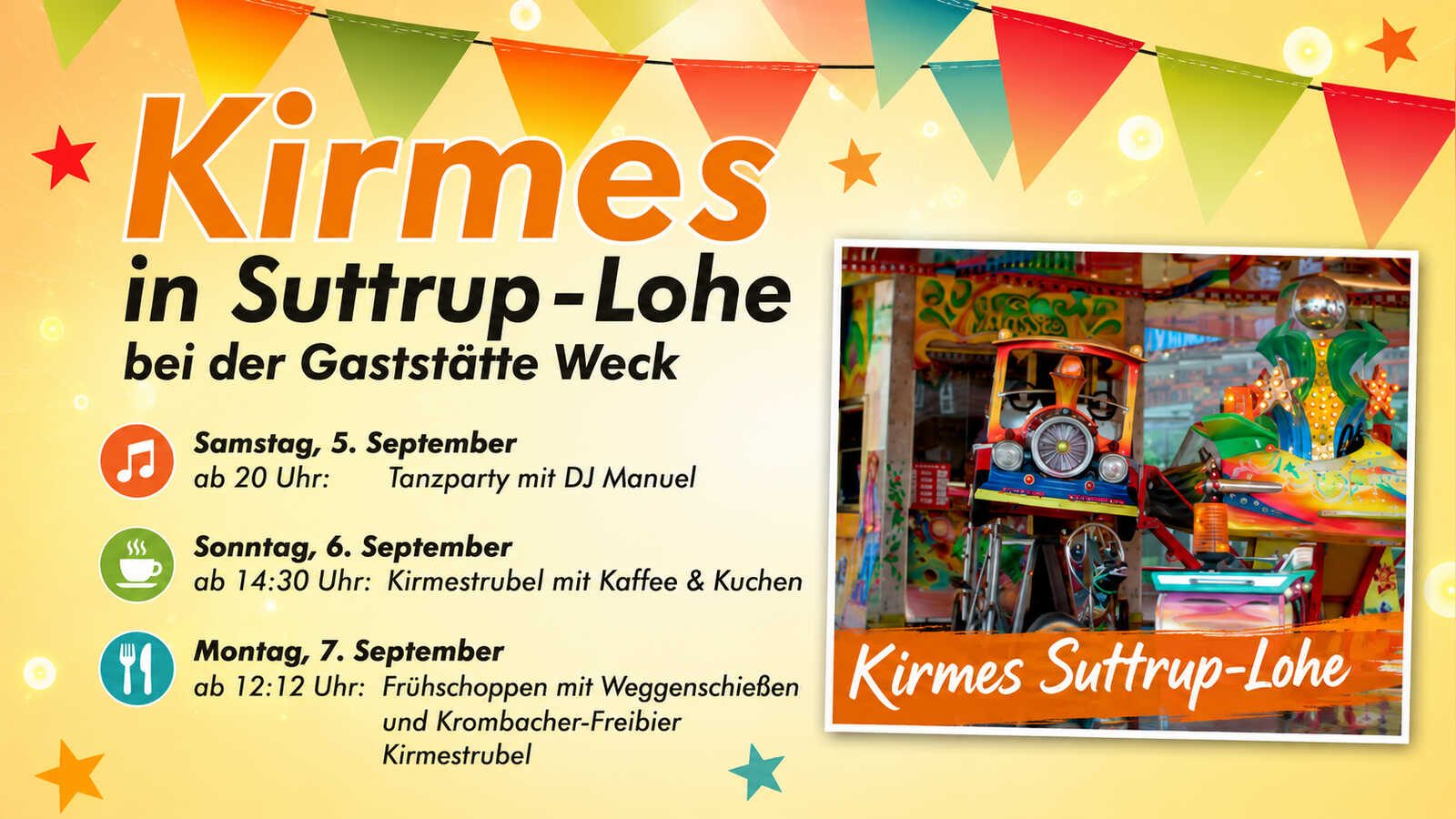 Plakat zur Kirmes in Suttrup-Lohe vom 5. bis 7. September mit Karussellmotiv