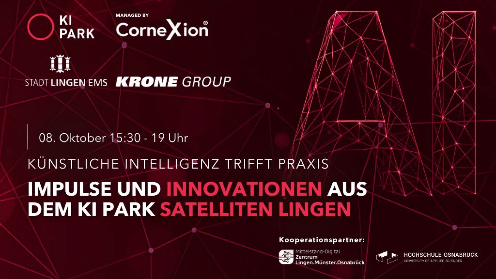 Veranstaltung zu KI-Innovationen am 8. Oktober 15:30-19 Uhr im KI Park Satelliten Lingen, unterstützt von Partnern.