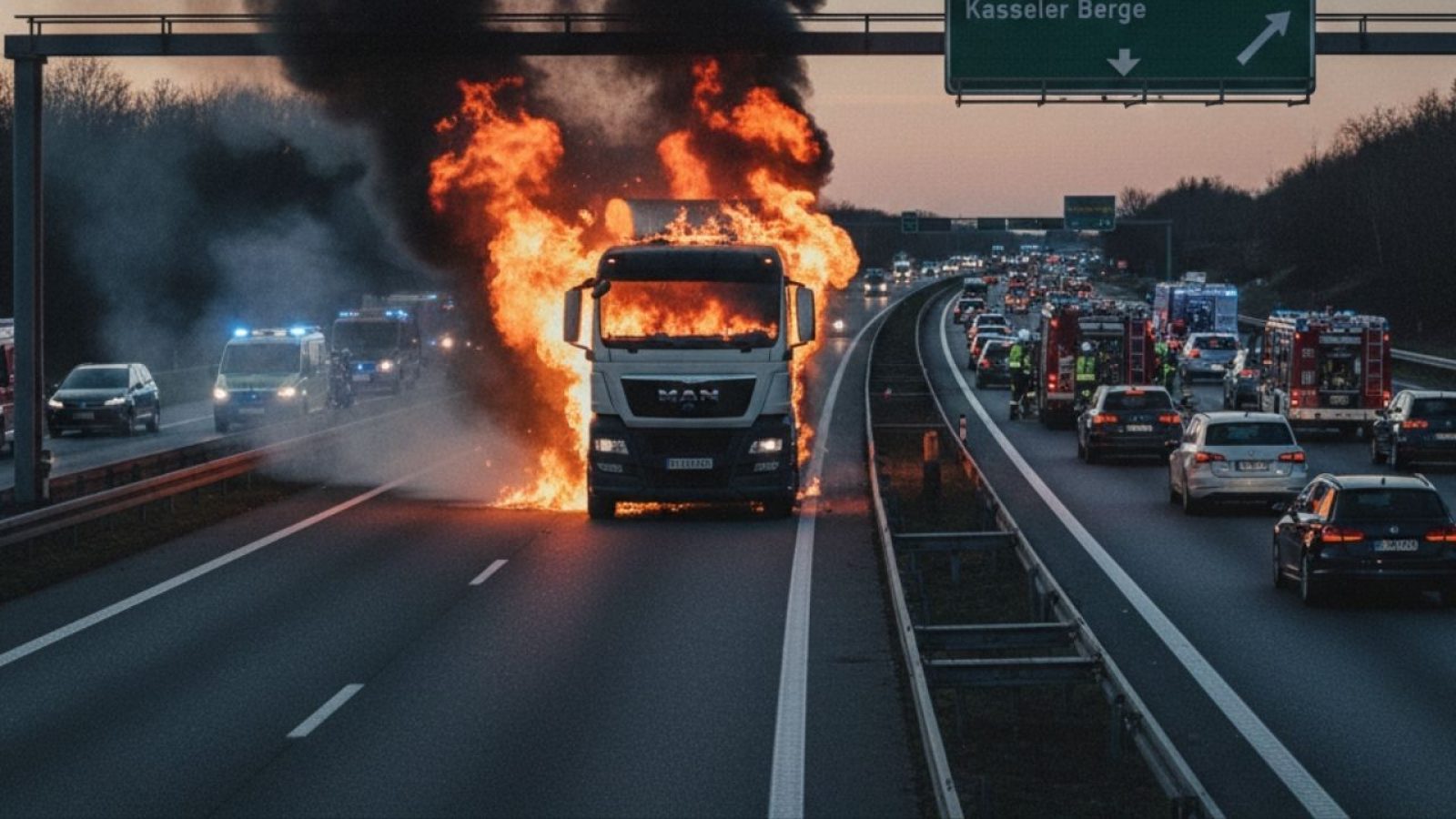 LKW-Brand auf Autobahn nahe Kasseler Berge, Feuerwehr und Polizei im Einsatz, dichter Verkehr im Hintergrund.