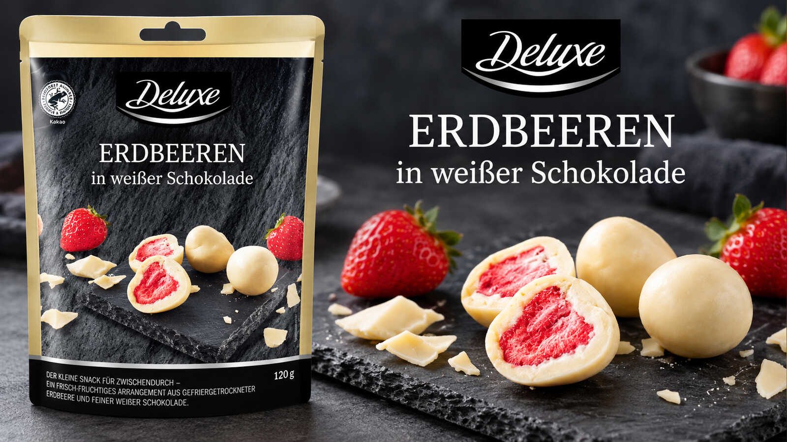 Packung Deluxe Erdbeeren in weißer Schokolade, 120g, vom Rückruf betroffenes Produkt