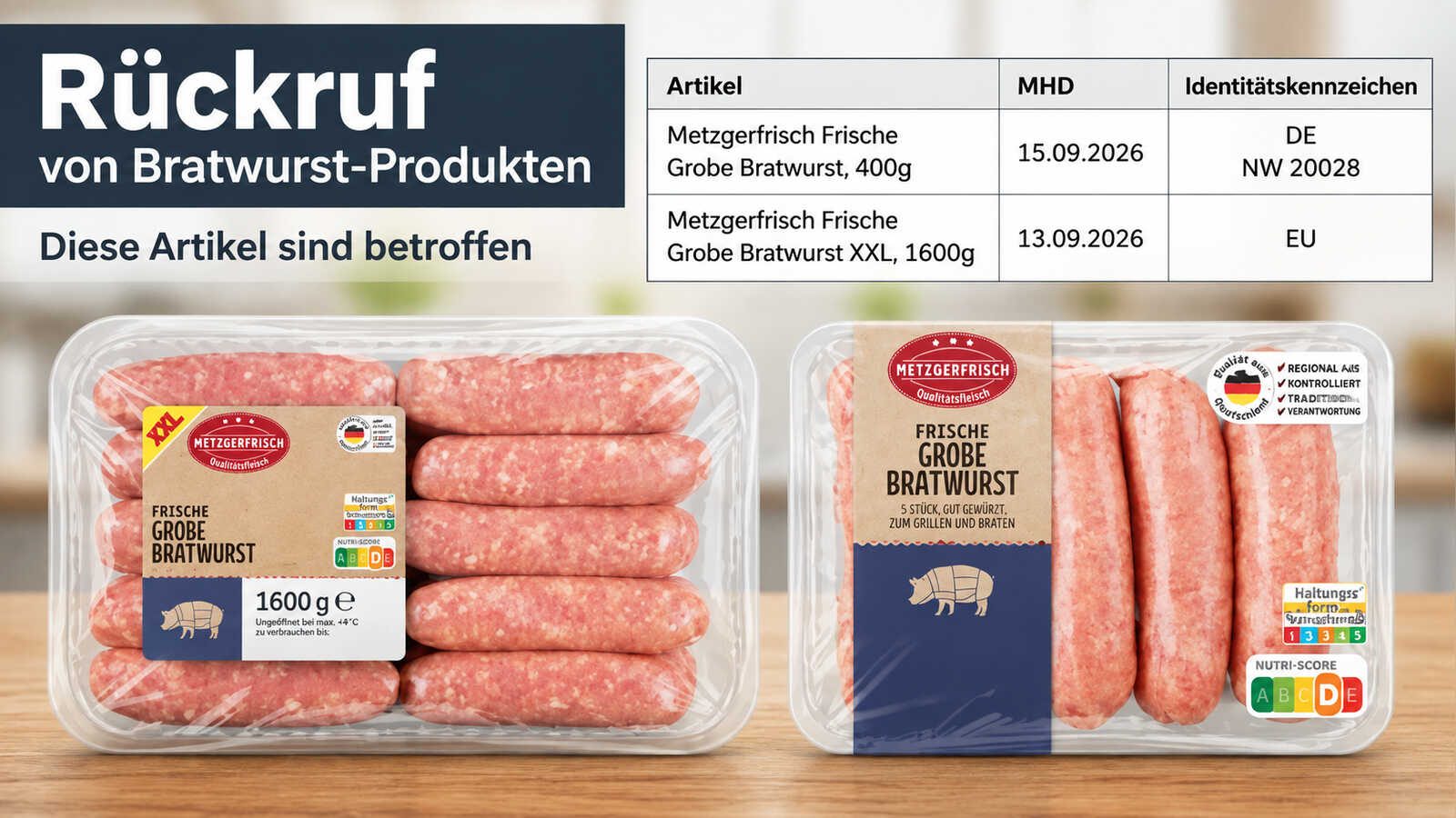 Rückrufplakat für Metzgerfrisch Frische Grobe Bratwurst 400g und XXL 1600g mit MHD und Identitätskennzeichen