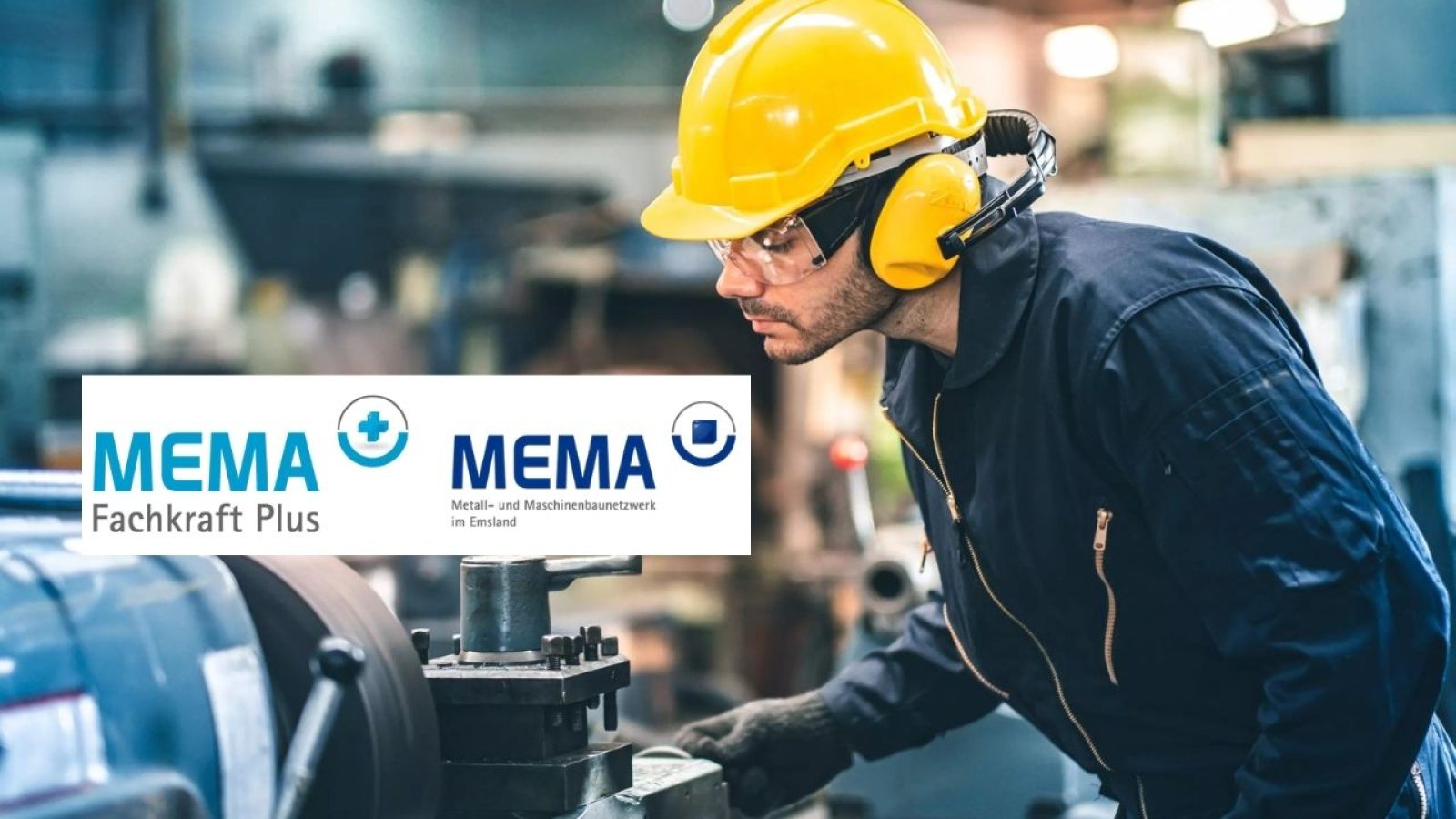 Industrieller Arbeiter in Schutzkleidung, Fokus auf Präzisionsarbeit, MEMA Metall- und Maschinenbaunetzwerk.