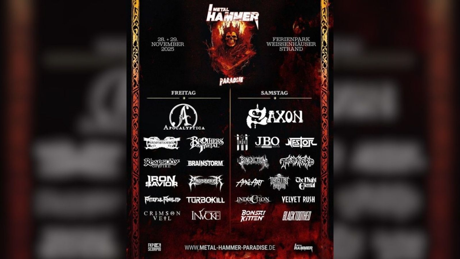 Metal Hammer Paradise 2025 Festivalplakat mit Band-Lineup für Freitag und Samstag in Weissenhäuser Strand.