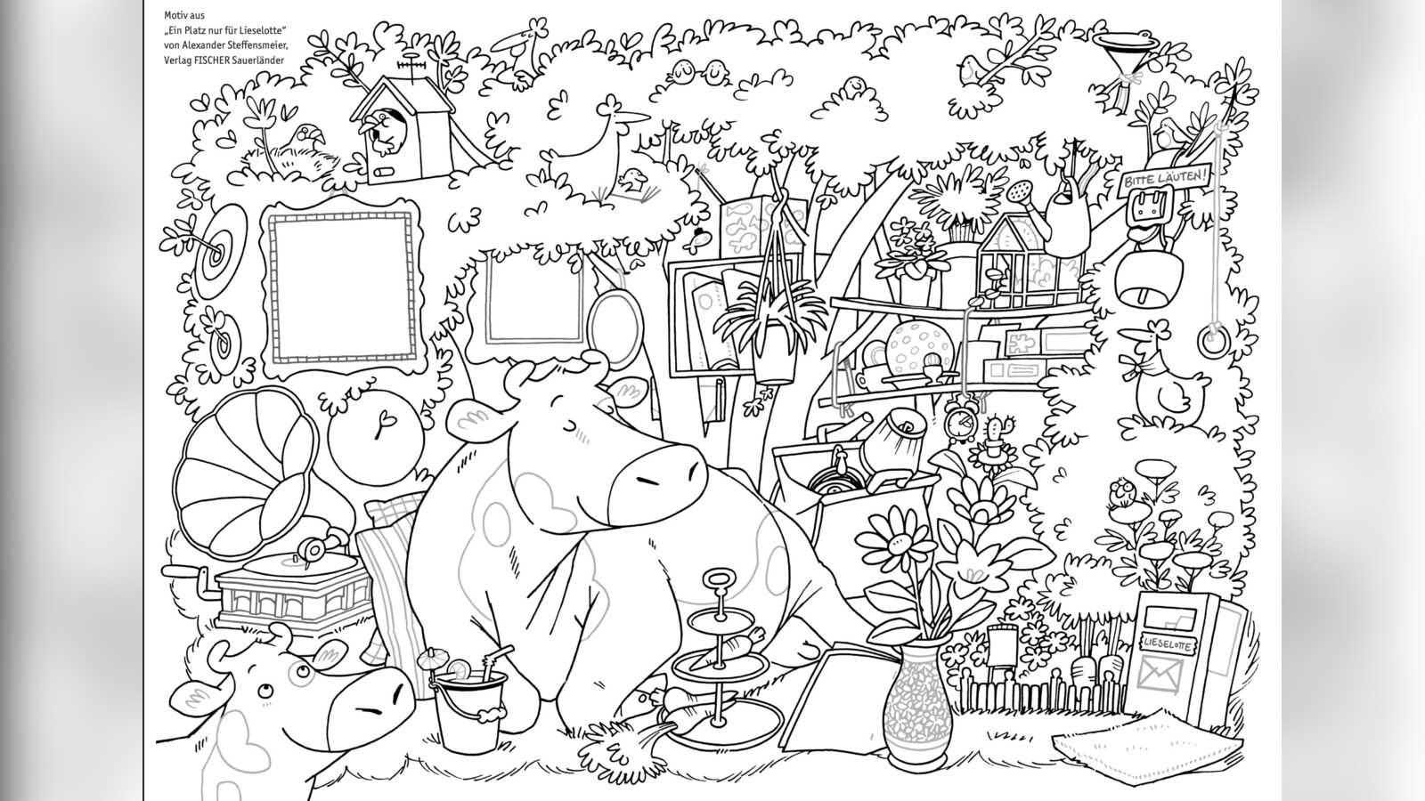 Malvorlage zum Malwettbewerb: die Kuh Lieselotte an ihrem Lieblingsplatz, Illustration von Alexander Steffensmeier