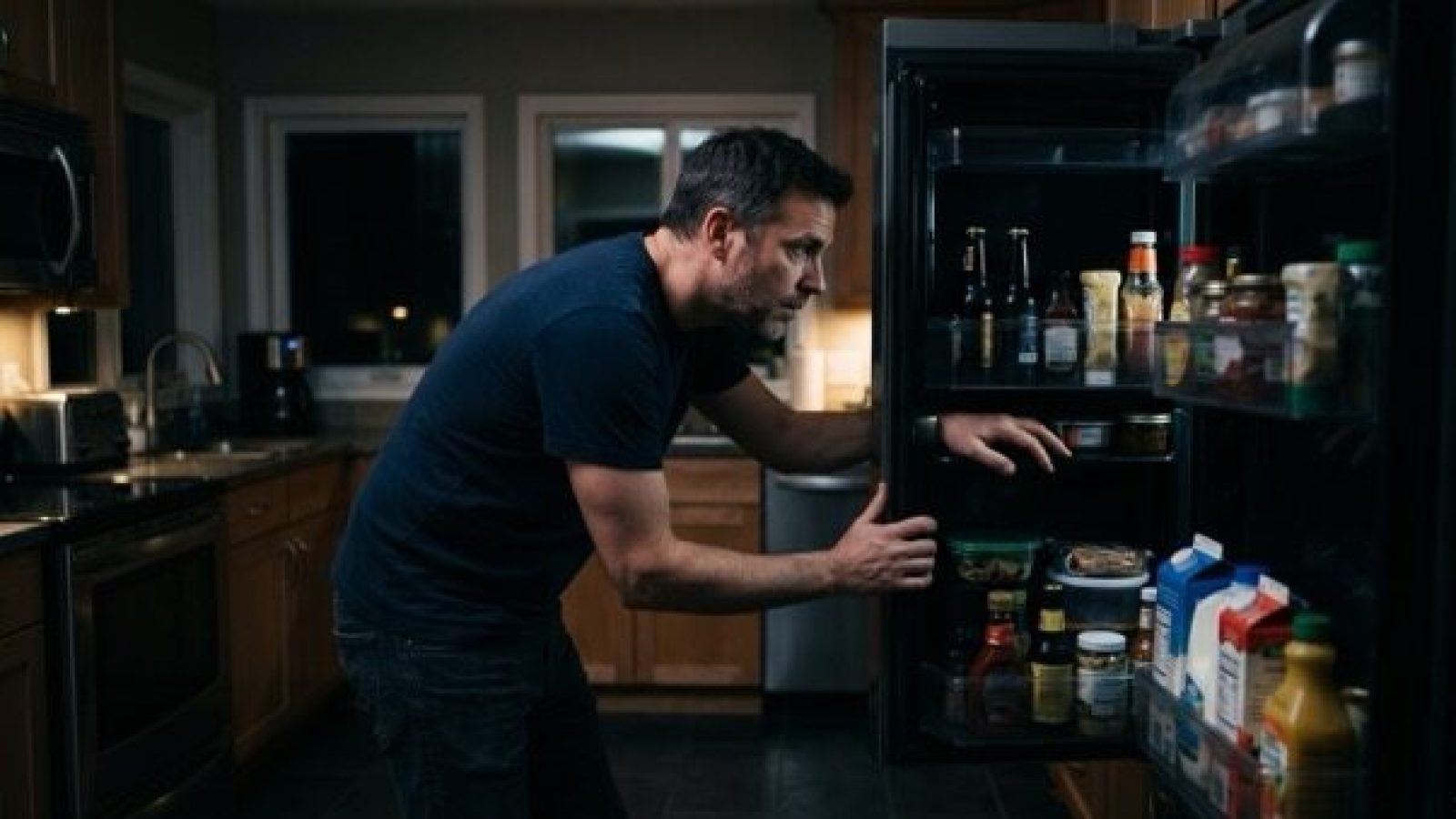 Manm schaut in Kuehlschrank