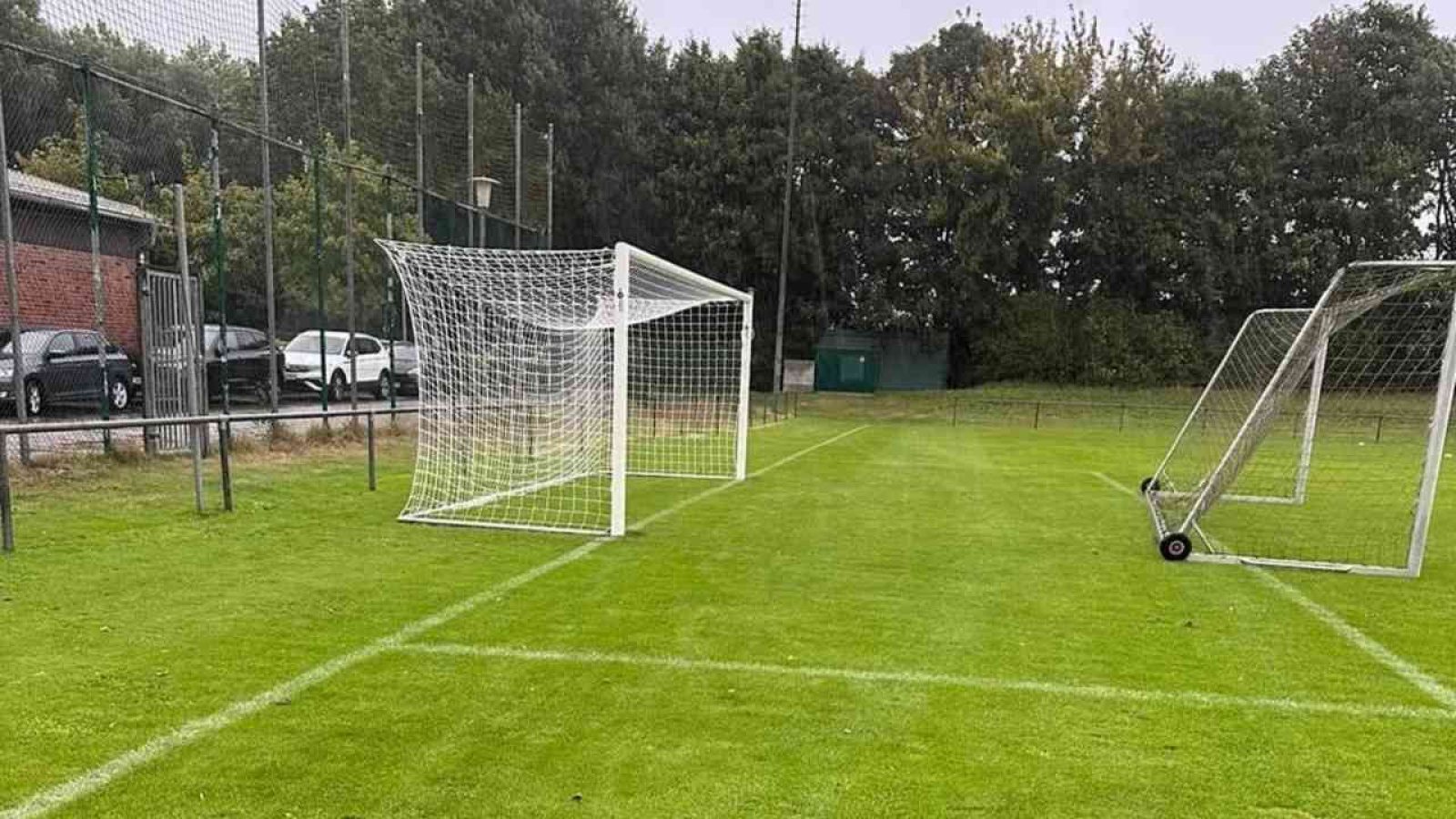 Fußballtore auf grünem Spielfeld, ideal für Training und Wettkampf im Freien bei bewölktem Wetter.