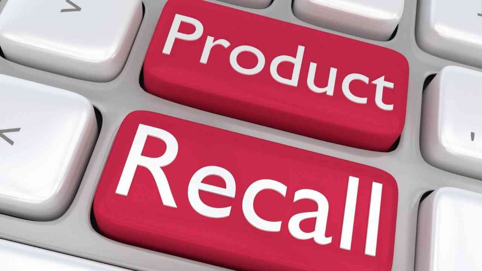 Rote Tasten auf einer Computertastatur mit der Aufschrift 'Produkt' und 'Rückruf'.
