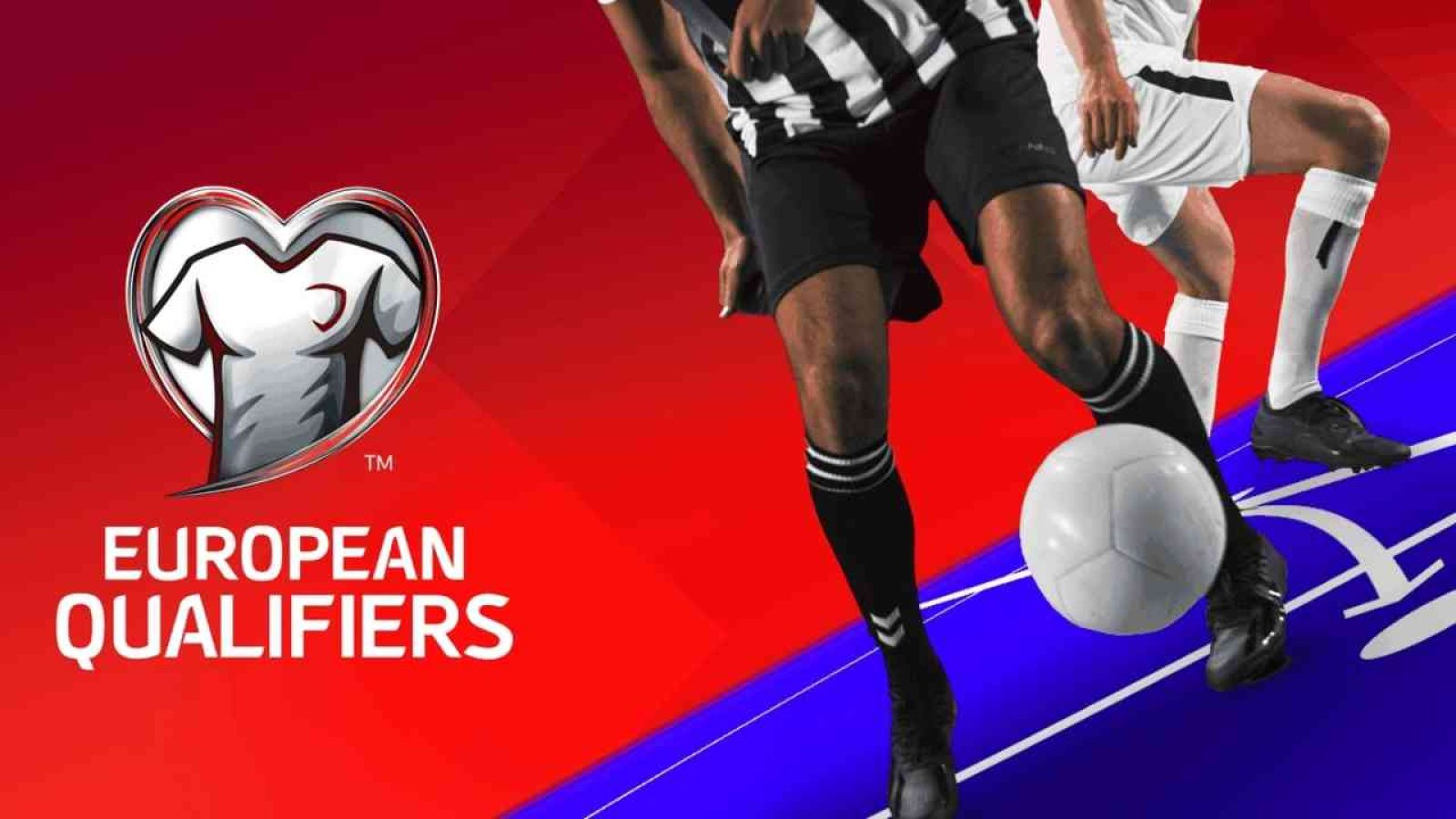 Fußballspieler beim Dribbling, Logo der European Qualifiers, roter Hintergrund, symbolisiert EM-Qualifikation.