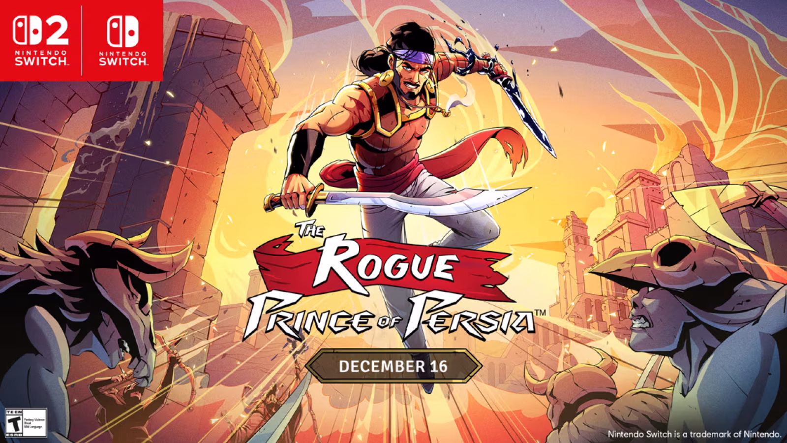 Grafik für das Spiel 'The Rogue Prince of Persia' mit einem Krieger, der ein Schwert in einer dynamischen Pose hält.