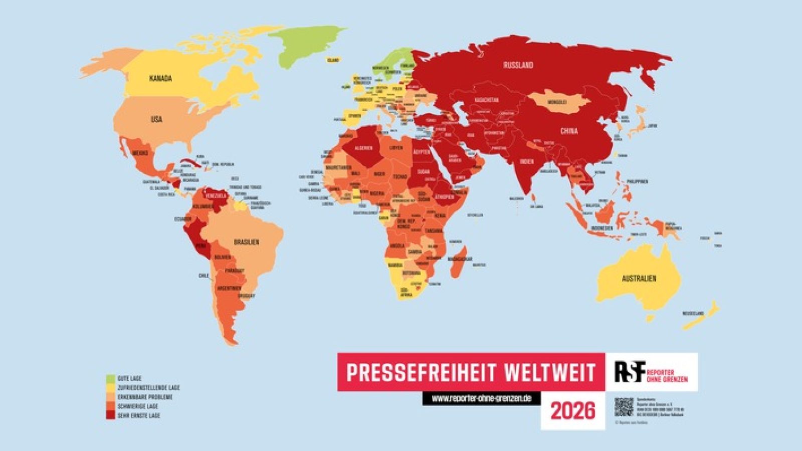Zum ersten Mal in der 25-jährigen Geschichte der Rangliste der Pressefreiheit fallen mehr als die Hälfte aller Länder und Territorien der Welt in die Kategorien "schwierig" oder "sehr ernst". / Weiterer Text über ots und www.presseportal.de/nr/51548 / Die Verwendung dieses Bildes für redaktionelle Zwecke ist unter Beachtung aller mitgeteilten Nutzungsbedingungen zulässig und dann auch honorarfrei. Veröffentlichung ausschließlich mit Bildrechte-Hinweis.
