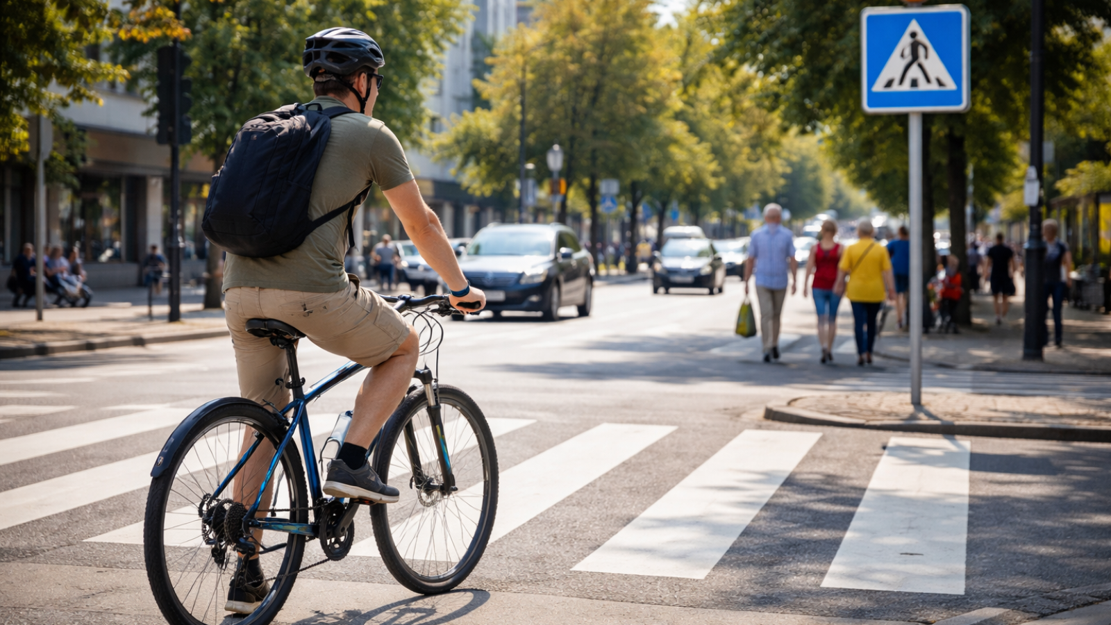 Radfahrer an Zebrastreifen auf sonnigem Tag