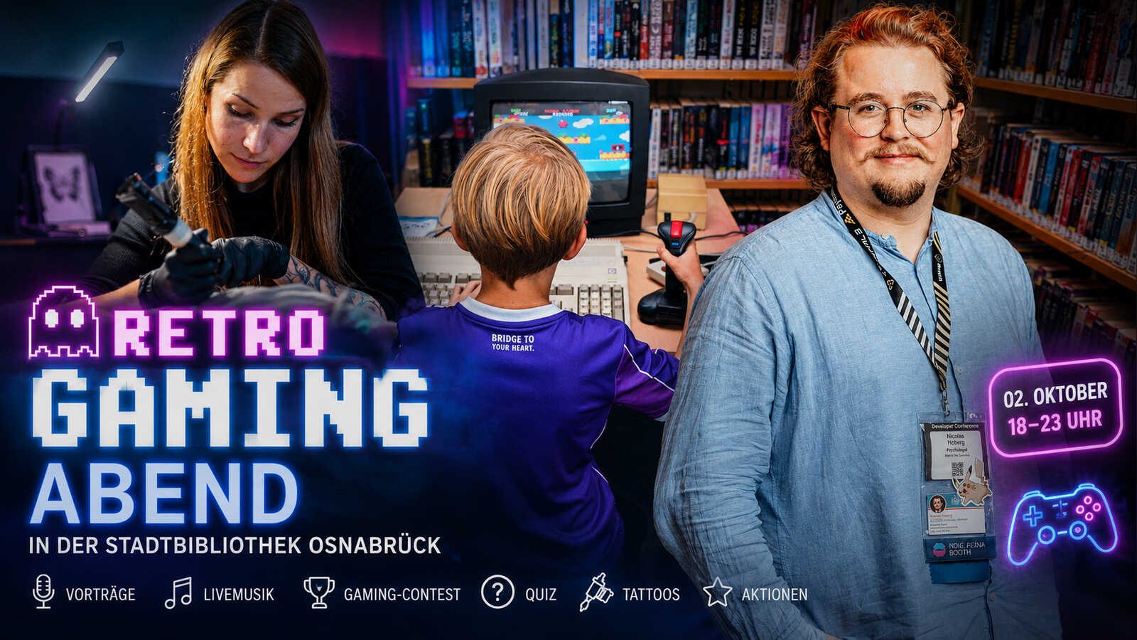 Collage vom Retro Gaming Abend in der Stadtbibliothek Osnabrück