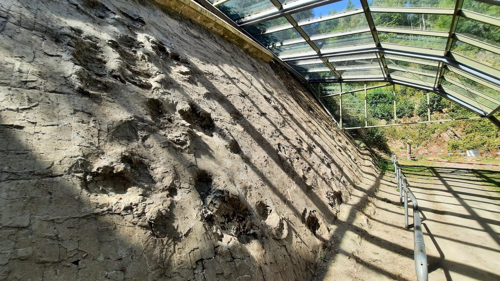 Die versteinerten Saurierfährten im Steinbruch von Bad Essen-Barkhausen unter dem Schutzdach des Geoparks TERRA.vita