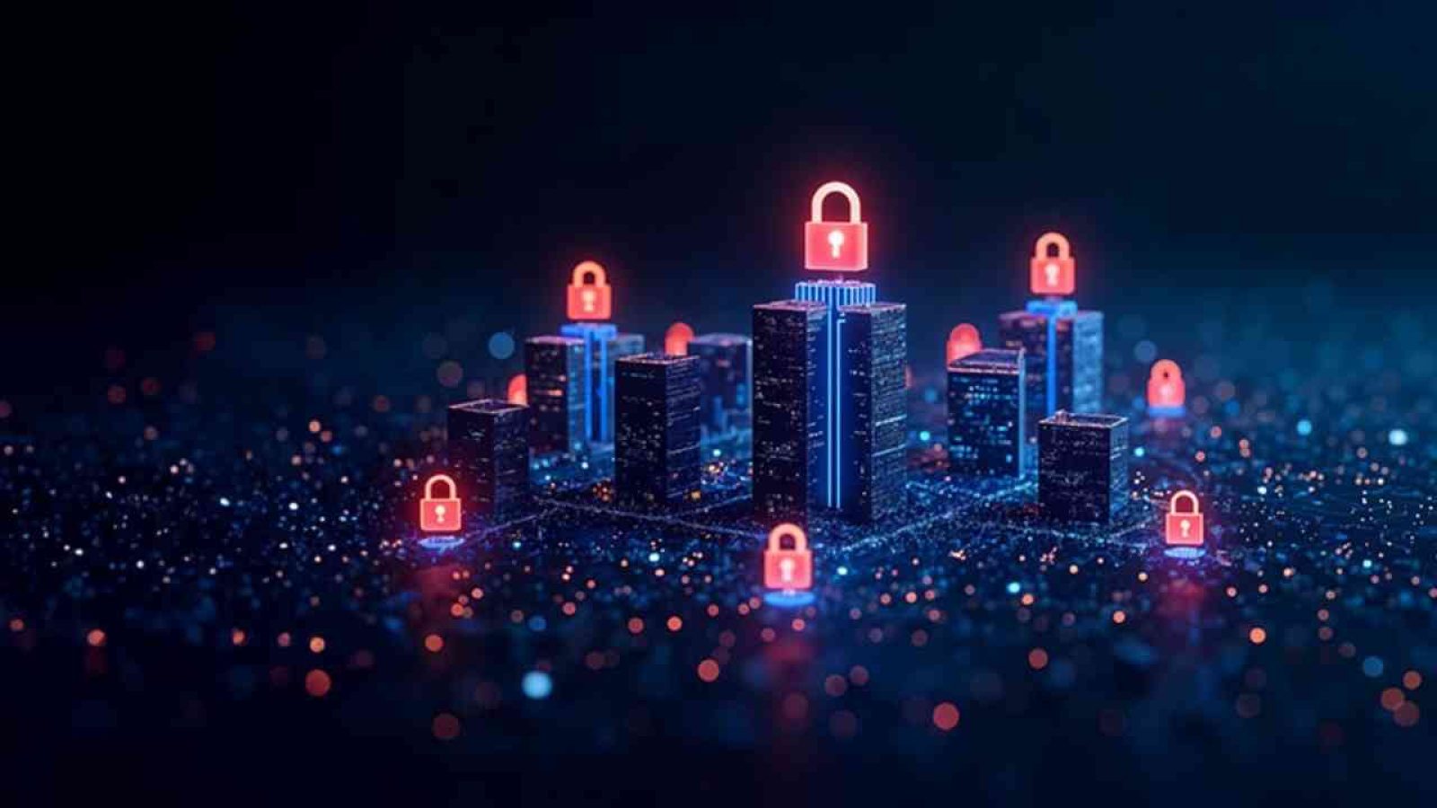 Digitale Darstellung von Gebäuden mit Sicherheitsschlössern, die eine moderne Stadtlandschaft symbolisieren.