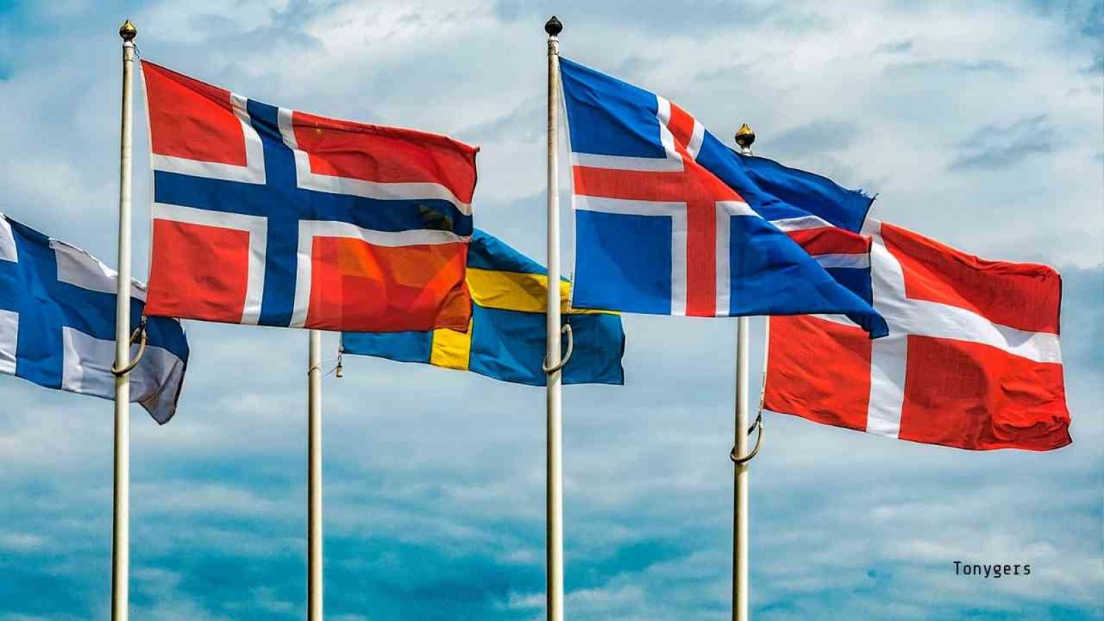 Flaggen von Norwegen, Island, Schweden, Finnland und Dänemark, die im Wind wehen.
