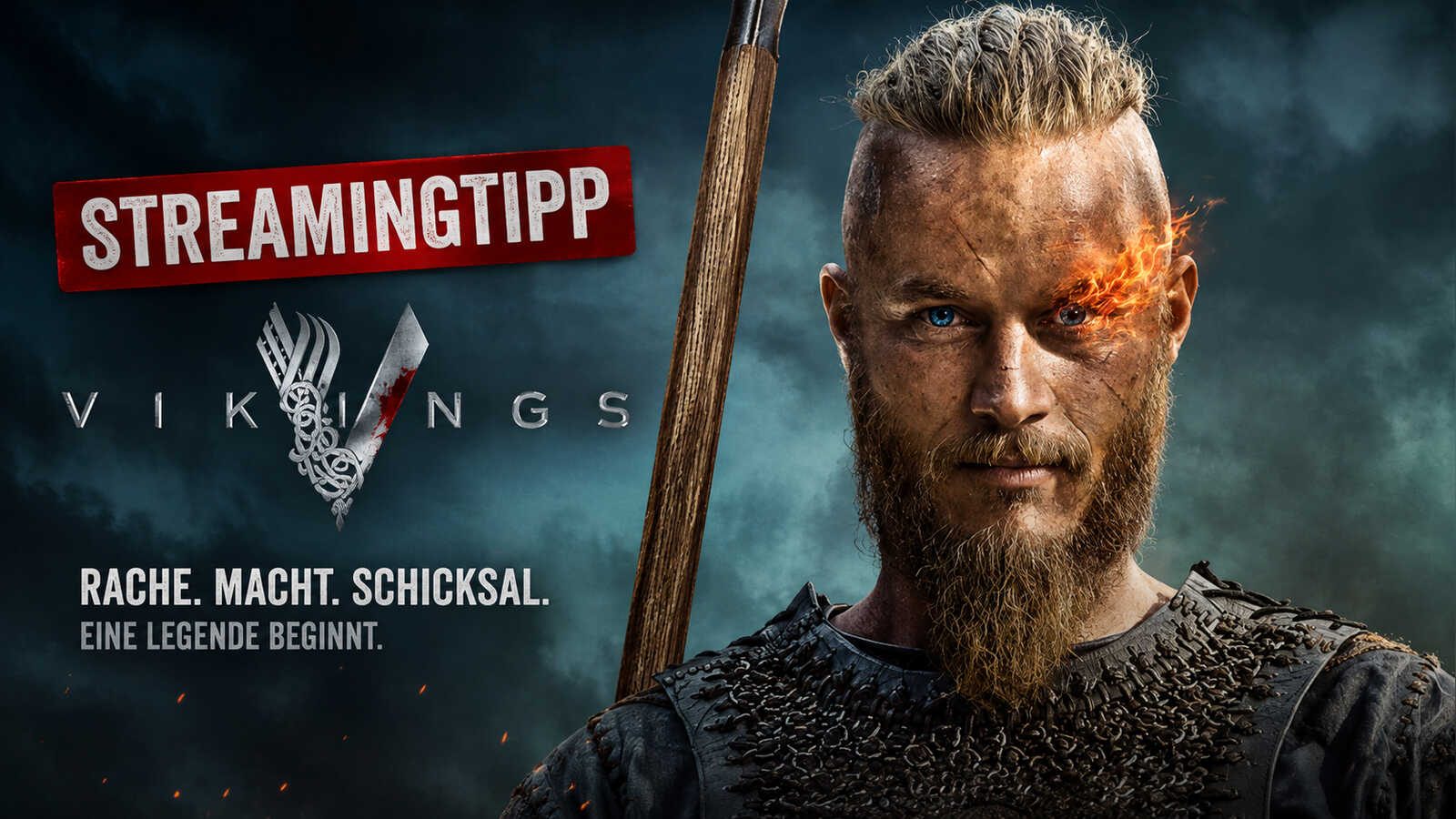Wikingerschiff und Krieger als Symbolbild zur Serie Vikings