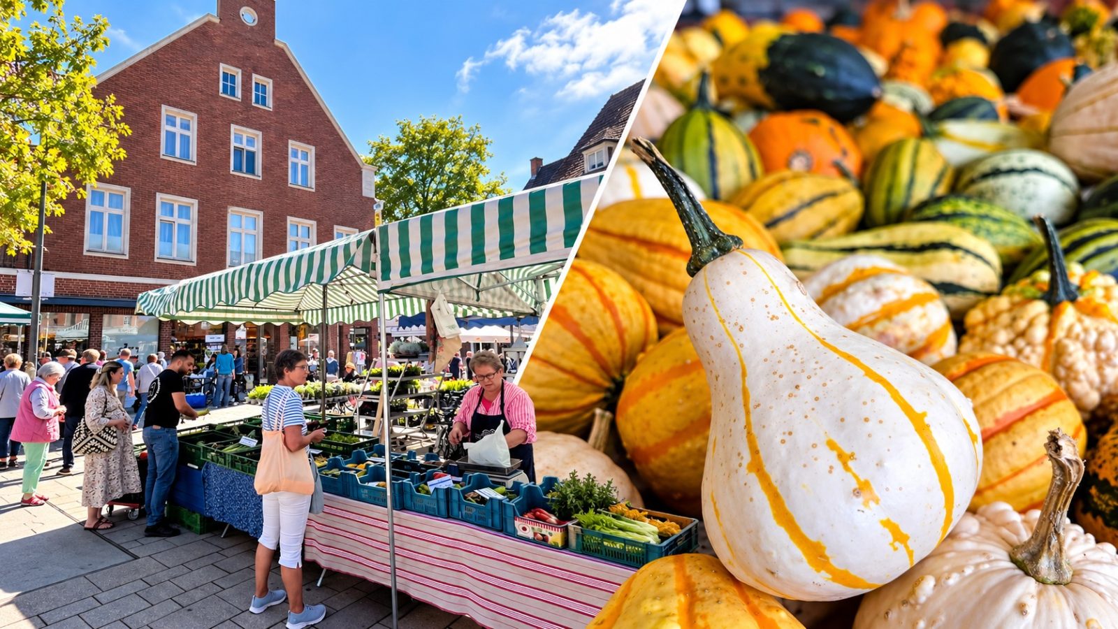 Symbolbild: Marktstand mit Gemüse vor einem Backsteingebäude und bunte Zier- und Speisekürbisse, KI-generierte Collage