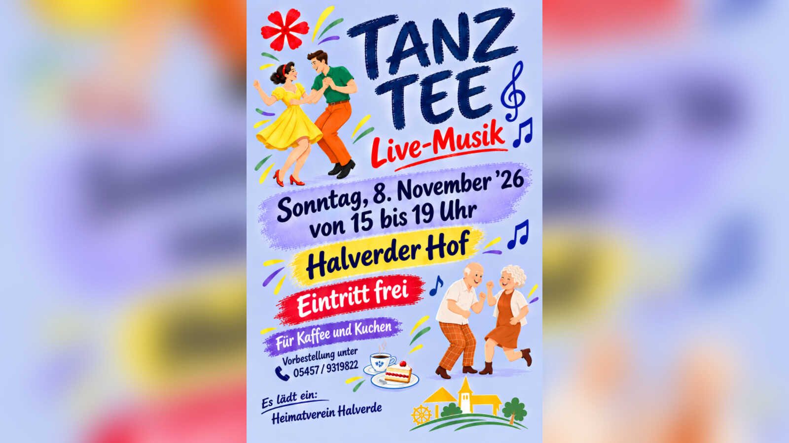 Flyer des Heimatvereins Halverde zum Tanztee mit Live-Musik im Halverder Hof