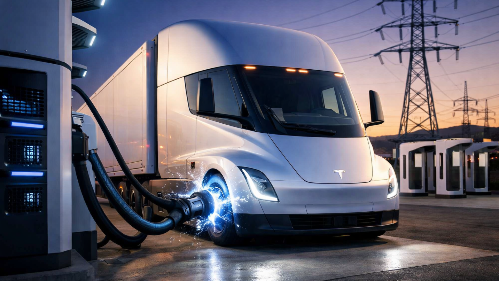 Tesla Semi lädt bei Dämmerung