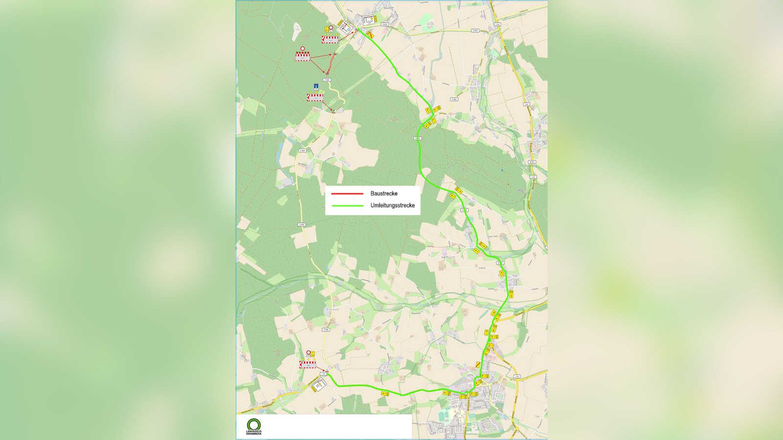 Karte mit Sperrung und Umleitung an der K408 Hustädter Straße in Bad Essen