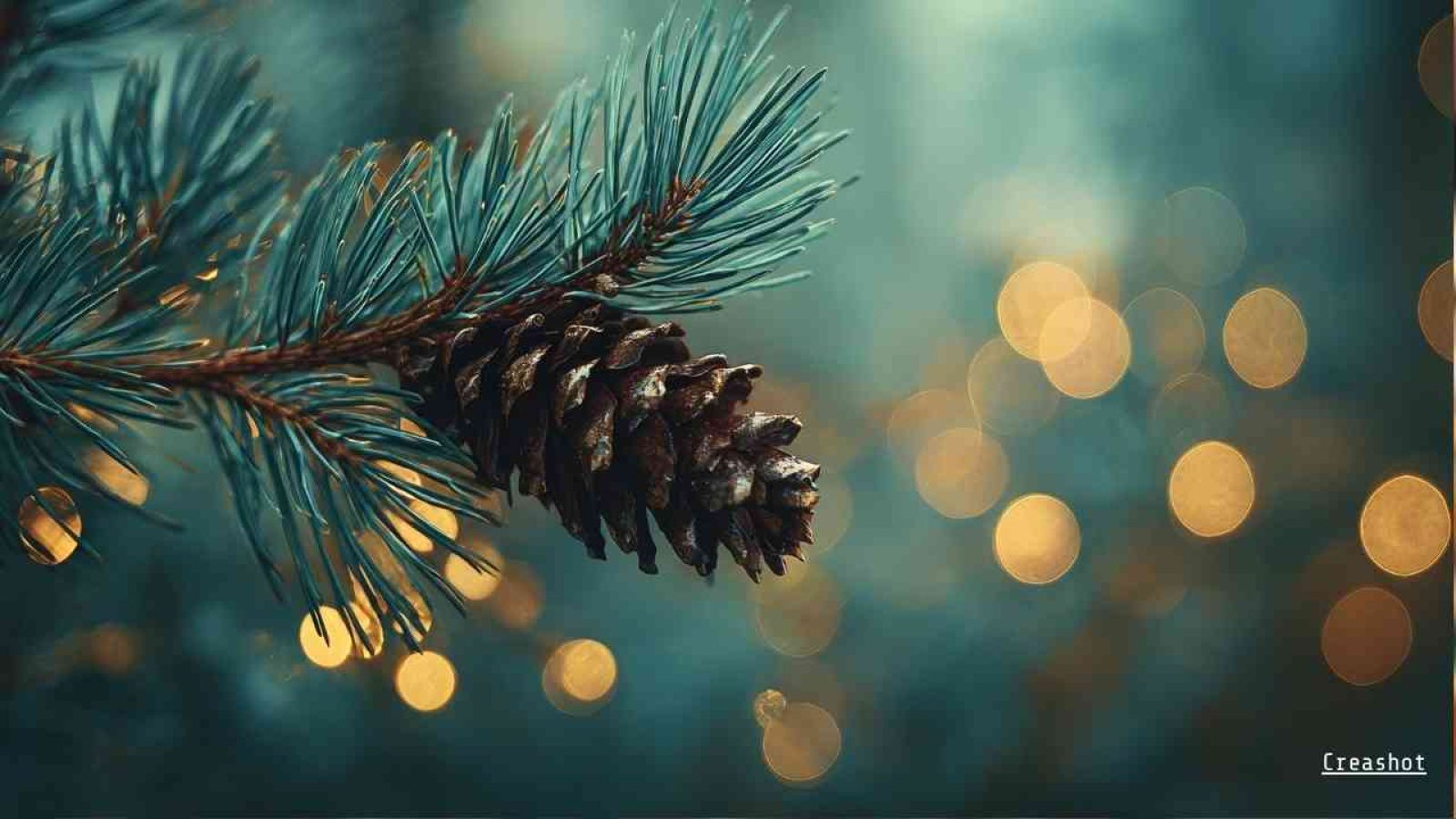 Tannenzapfen an einem Nadelbaum mit unscharfen Lichtern im Hintergrund.