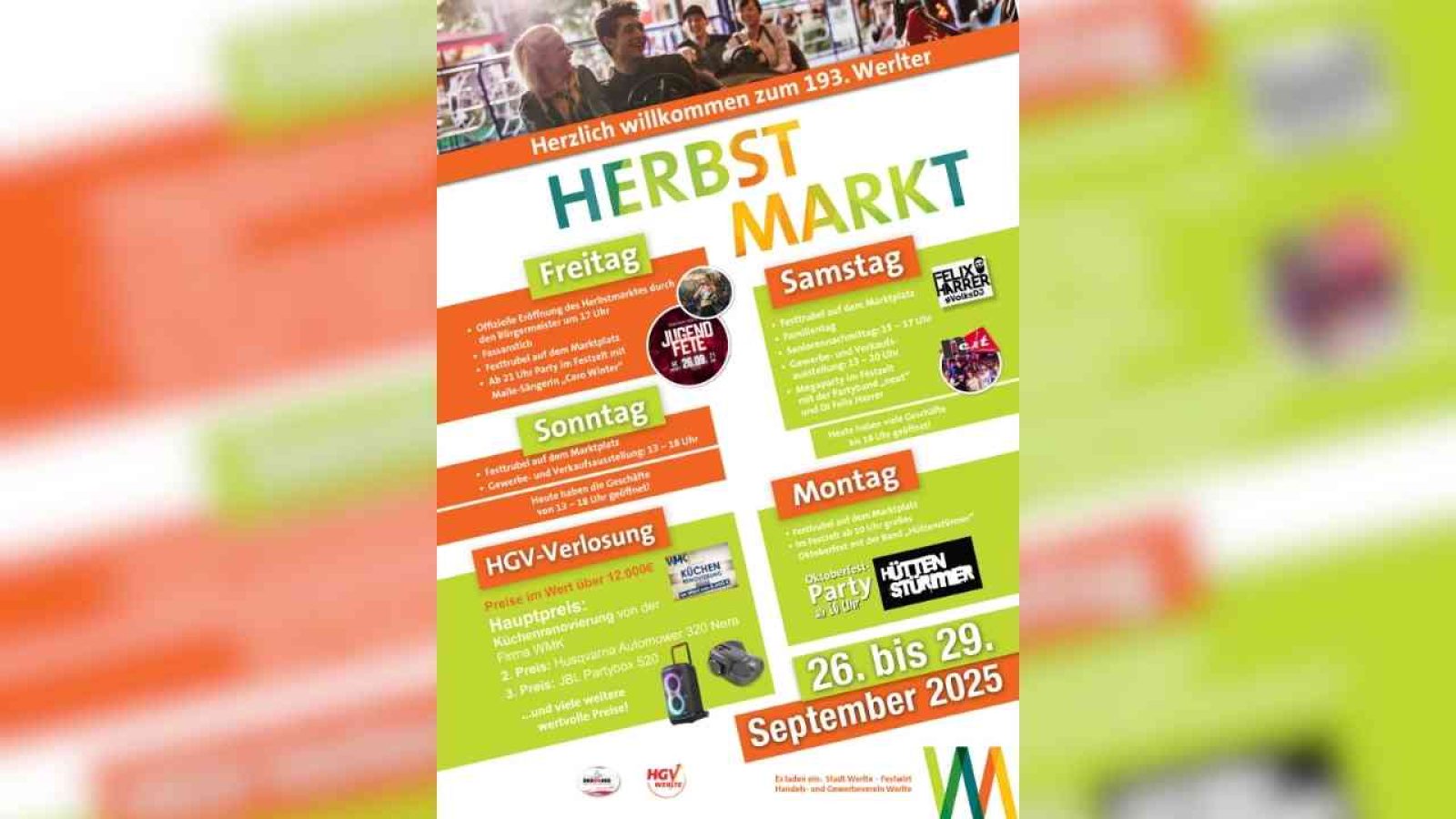 Plakat für den 193. Herbstmarkt Werlte vom 26.-29. September 2025 mit Programm und Attraktionen für jedes Wochenende.
