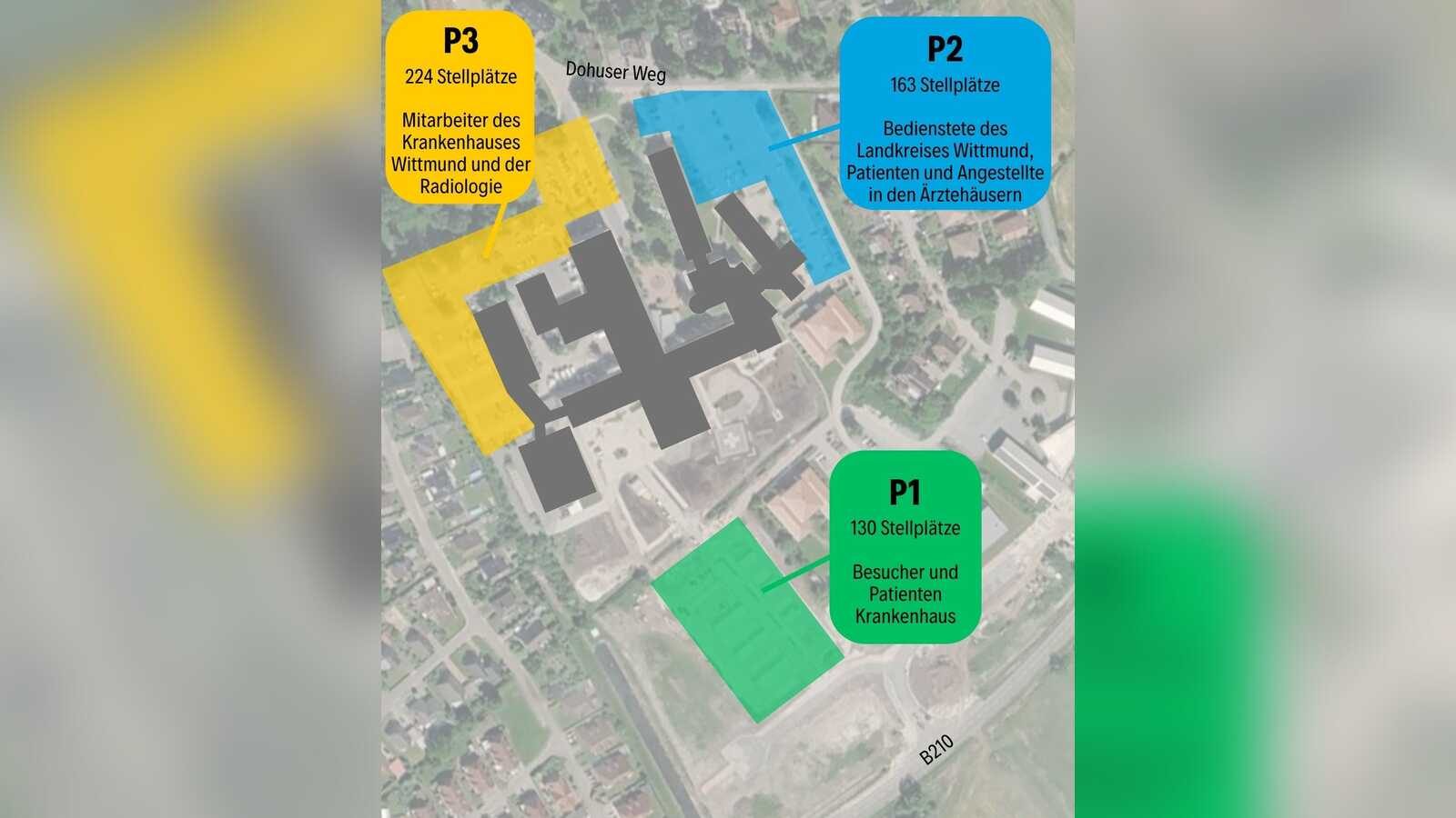 Lageplan der Parkbereiche P1, P2 und P3 am Krankenhaus Wittmund