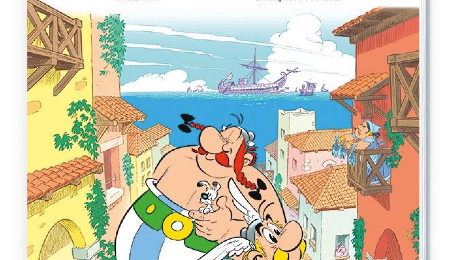 Comiccover von Asterix in Lusitanien mit Asterix und Obelix in einer bunten, illustrierten Szene.