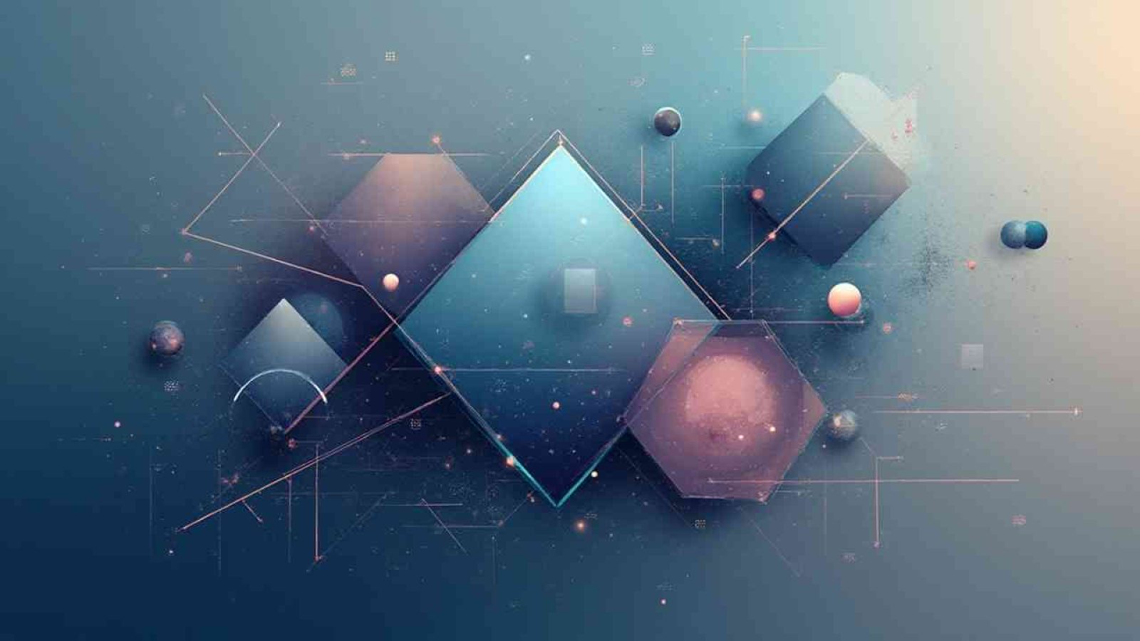 Abstrakte digitale Grafik mit geometrischen Formen wie Diamanten, Hexagonen und Kugeln in sanften Farbtönen.