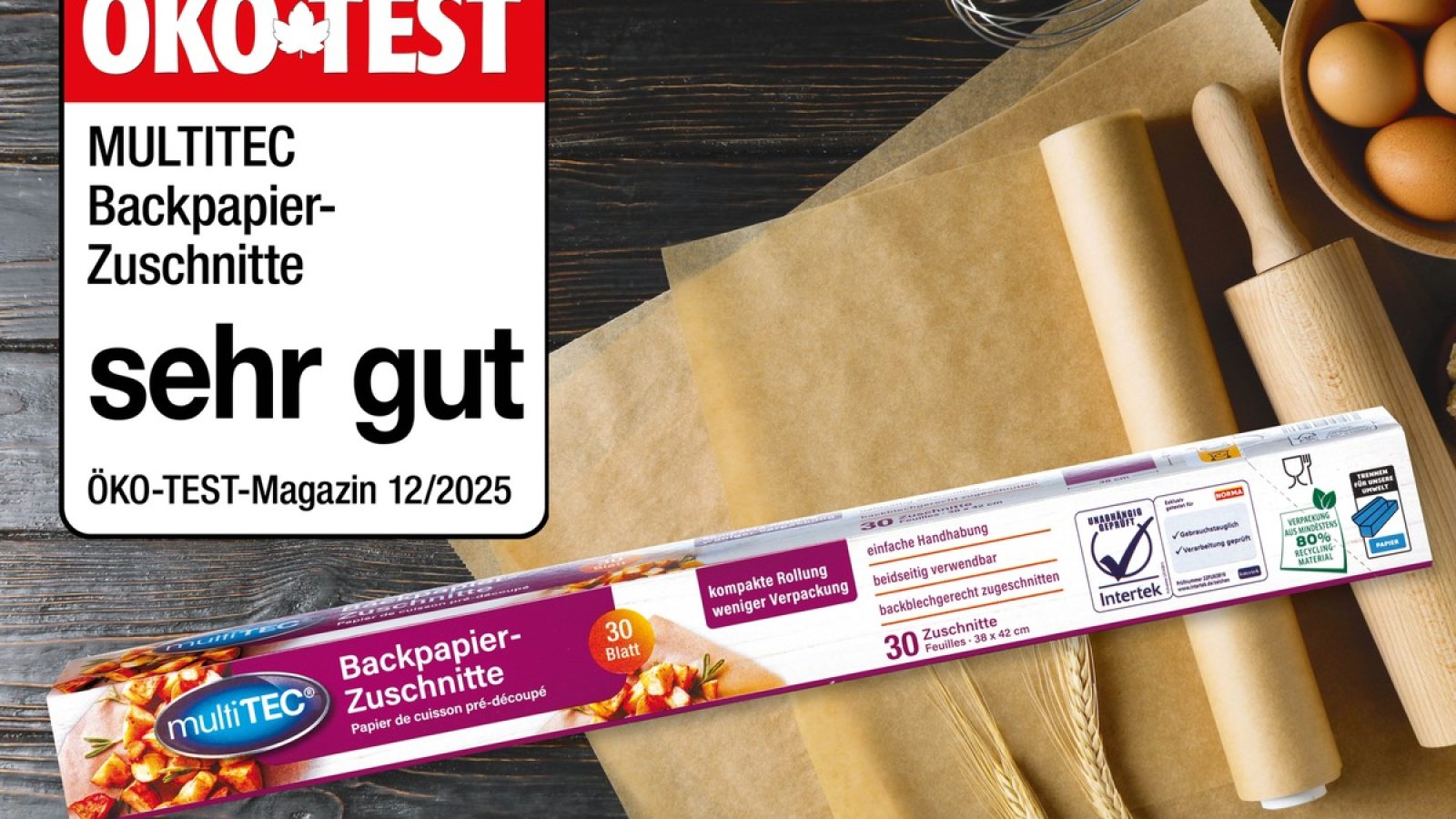 Packung mit Backpapier-Zuschnitten von multiTEC, bewertet mit 'sehr gut' im ÖKO-TEST-Magazin 12/2025.